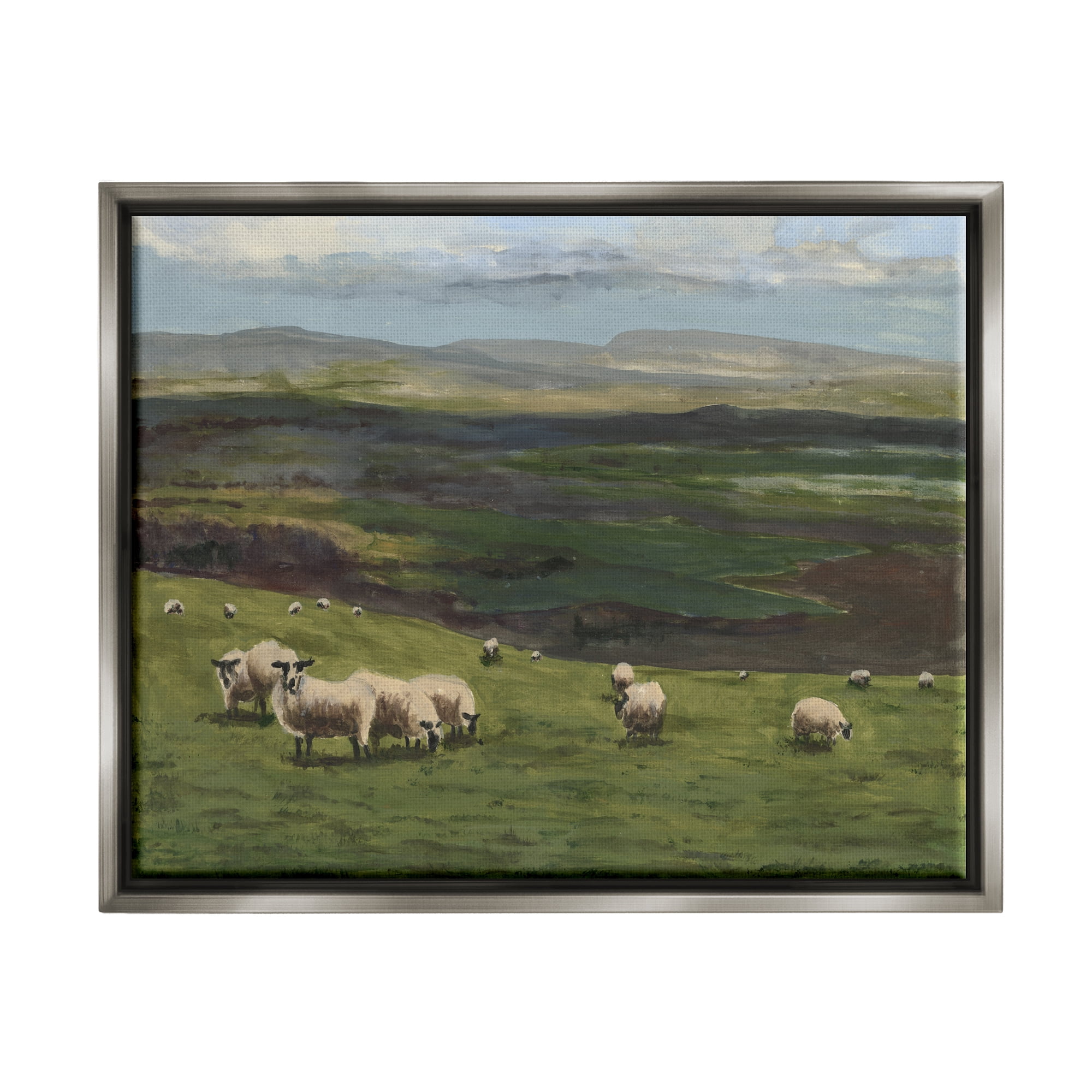 Stupell Industries Flock of Sheep Grazing Animals & Insects Painting Gray Floater Framed Canvas Art Print Wall Art, 21 x 17