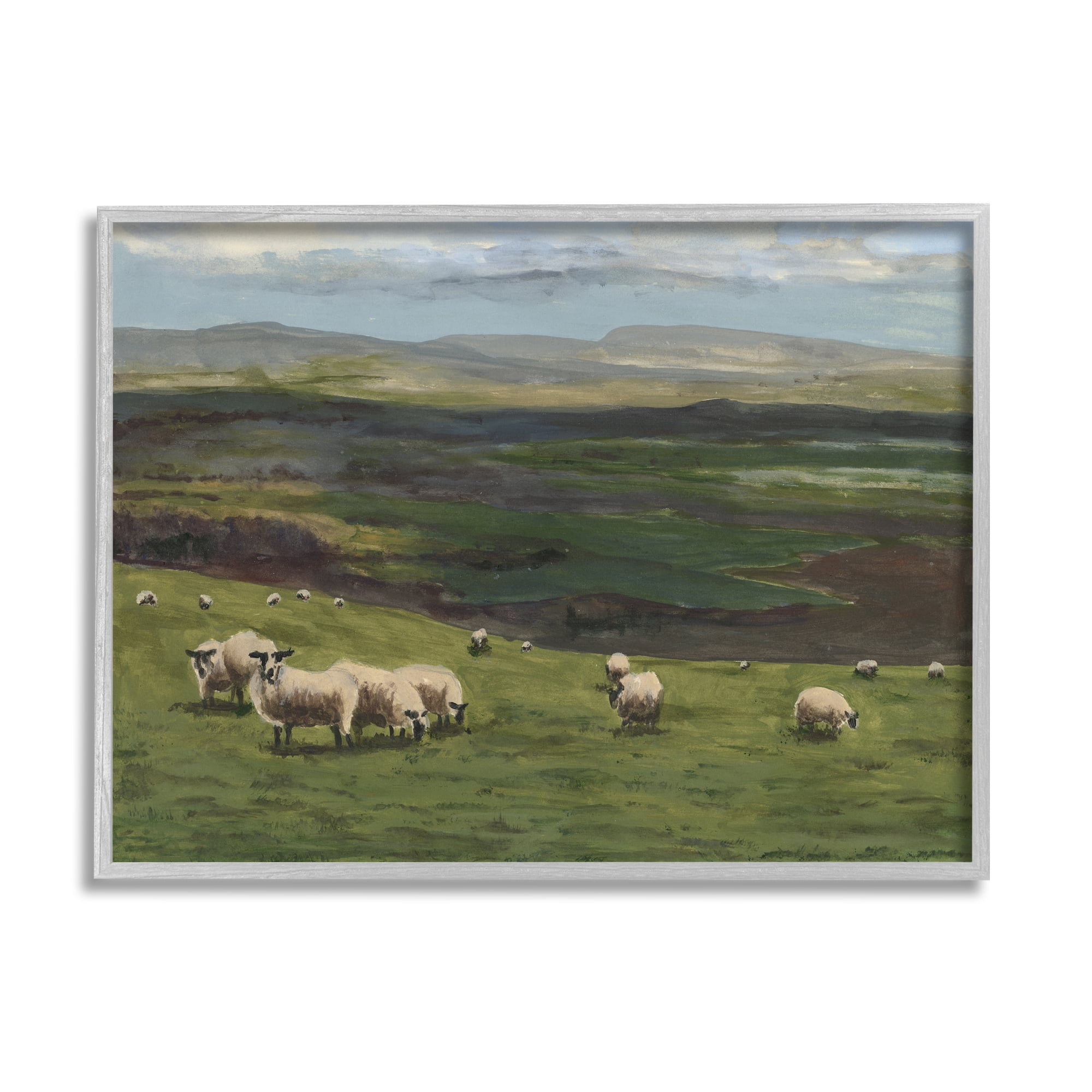 Stupell Industries Flock of Sheep Grazing Animals & Insects Painting Gray Framed Art Print Wall Art, 20 x 16