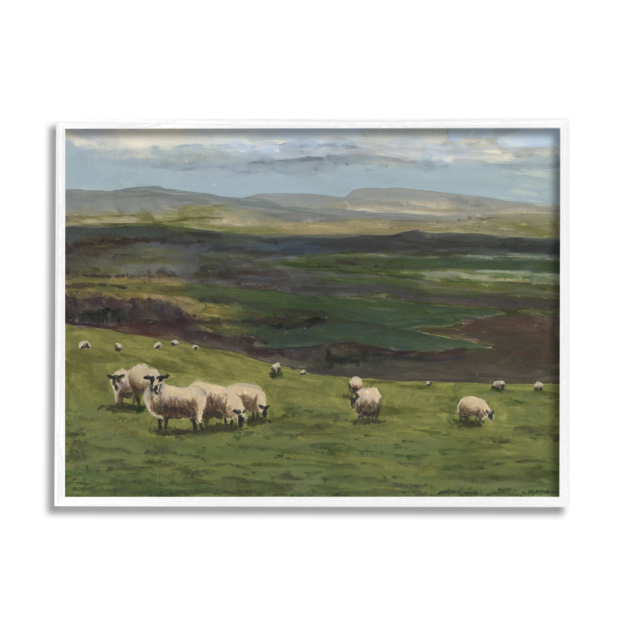 Stupell Industries Flock of Sheep Grazing Animals & Insects Painting White Framed Art Print Wall Art, 14 x 11