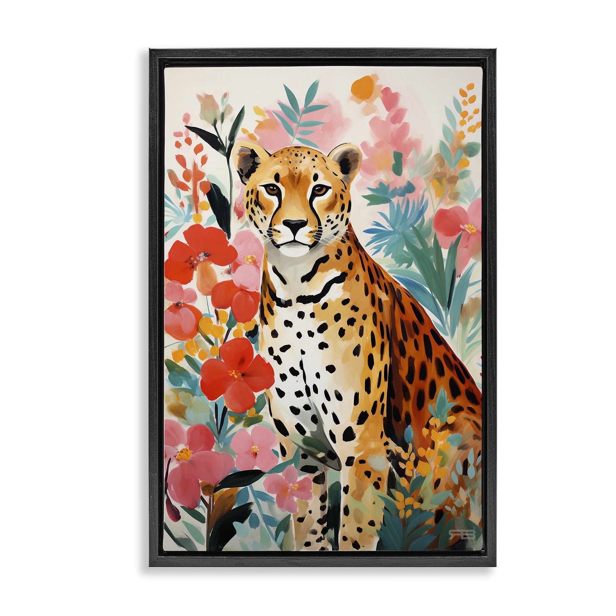 Stupell Industries Floral Adorned Leopard Animals & Insects Painting Black Floater Framed Canvas Art Print Wall Art, 21 x 31