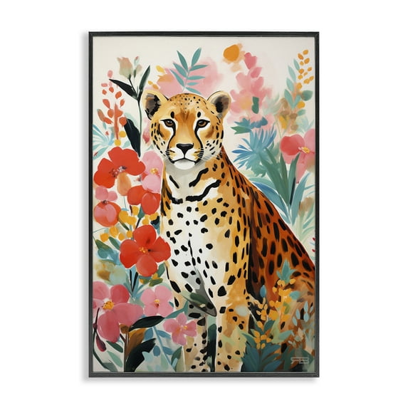 Stupell Industries Floral Adorned Leopard Animals & Insects Painting Black Framed Art Print Wall Art, 20 x 30
