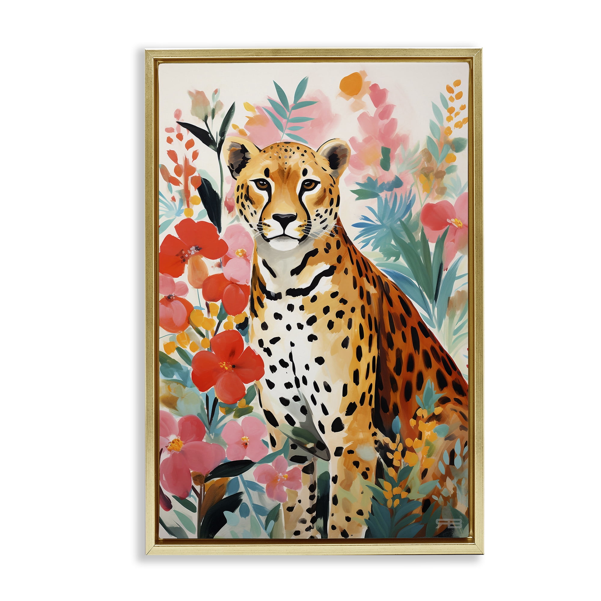 Stupell Industries Floral Adorned Leopard Animals & Insects Painting Gold Floater Framed Canvas Art Print Wall Art, 17 x 25