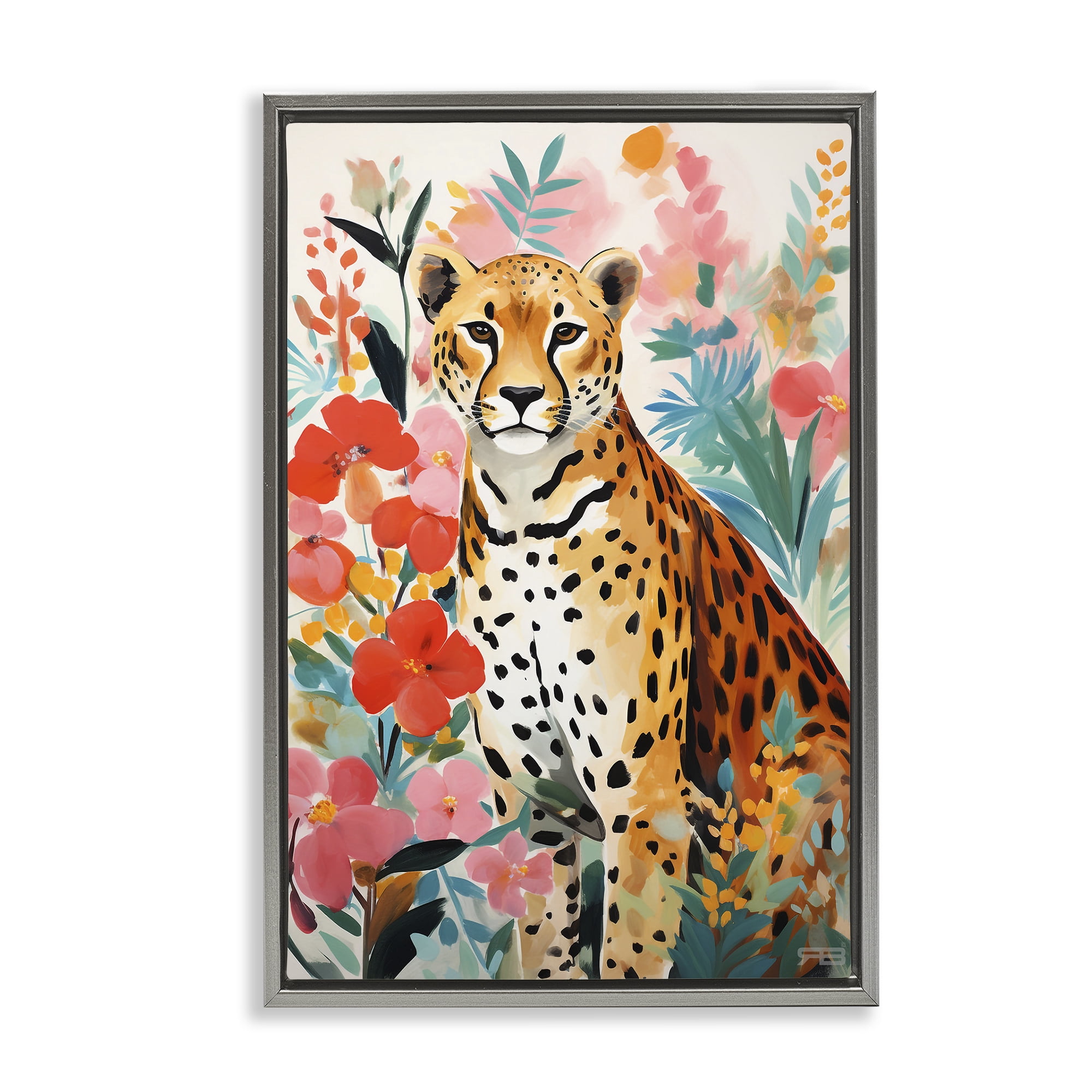 Stupell Industries Floral Adorned Leopard Animals & Insects Painting Gray Floater Framed Canvas Art Print Wall Art, 21 x 31