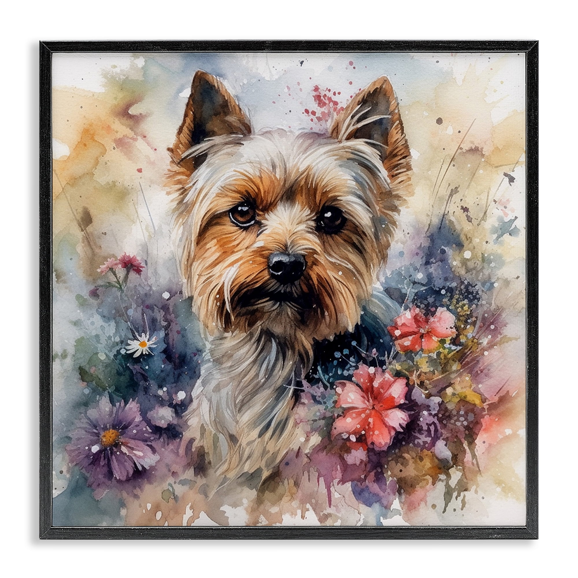 Stupell Industries Floral Adorned Yorkie Animals & Insects Painting Black Framed Art Print Wall Art, 17 x 17