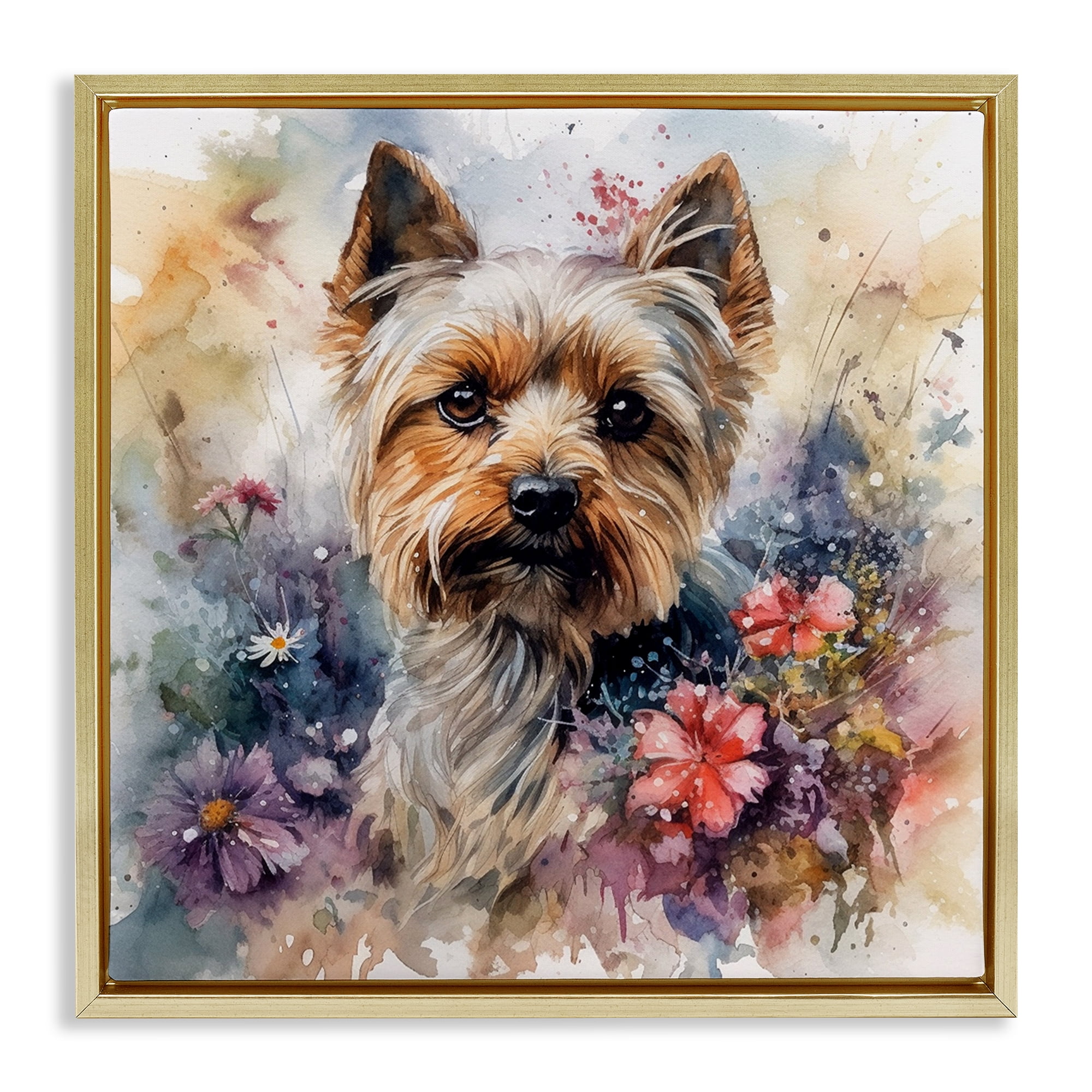 Stupell Industries Floral Adorned Yorkie Animals & Insects Painting Gold Floater Framed Canvas Art Print Wall Art, 18 x 18