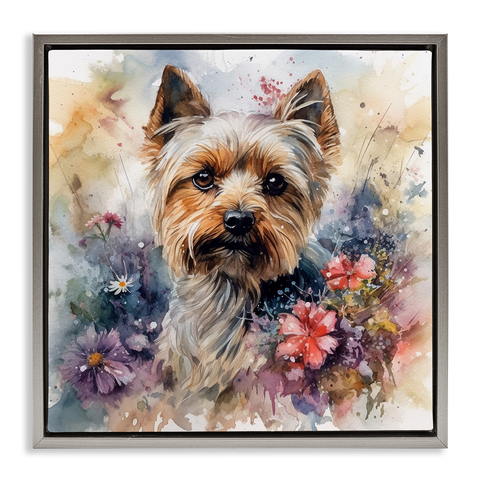 Stupell Industries Floral Adorned Yorkie Animals & Insects Painting Gray Floater Framed Canvas Art Print Wall Art, 18 x 18