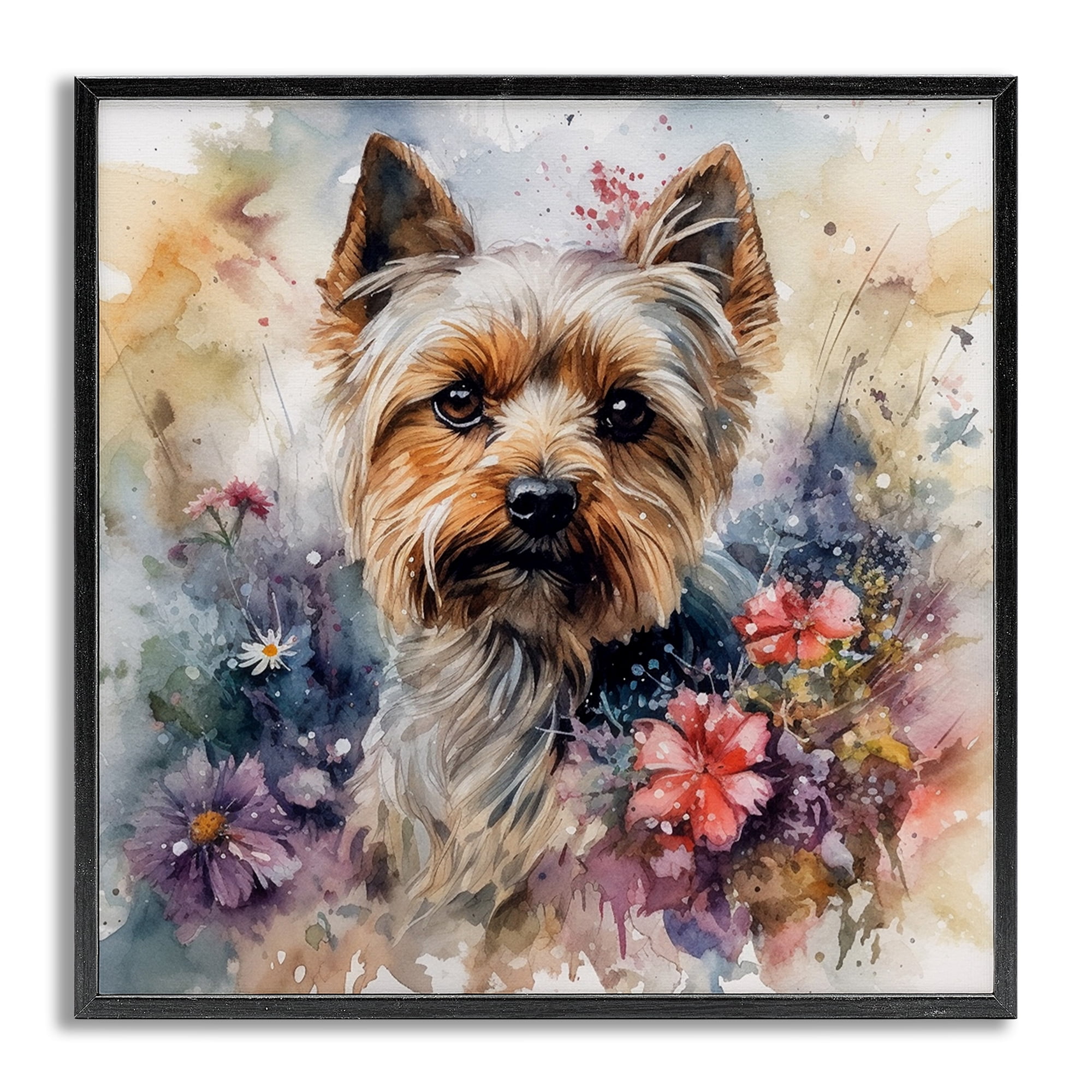 Stupell Industries Floral Adorned Yorkie Animals & Insects Painting Gray Framed Art Print Wall Art, 24 x 24
