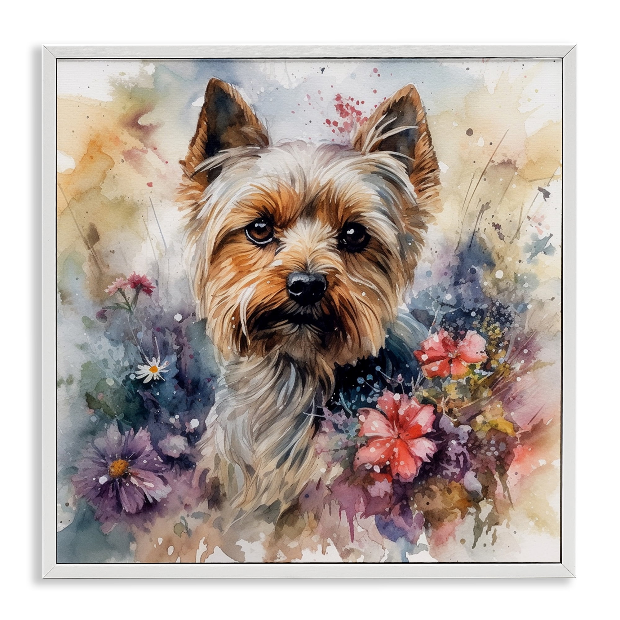 Stupell Industries Floral Adorned Yorkie Animals & Insects Painting White Framed Art Print Wall Art, 12 x 12