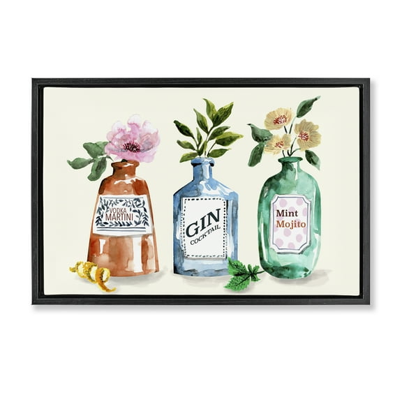 Stupell Industries Floral Alcohol Bottles Food & Beverage Painting Black Floater Framed Canvas Art Print Wall Art, 25 x 17