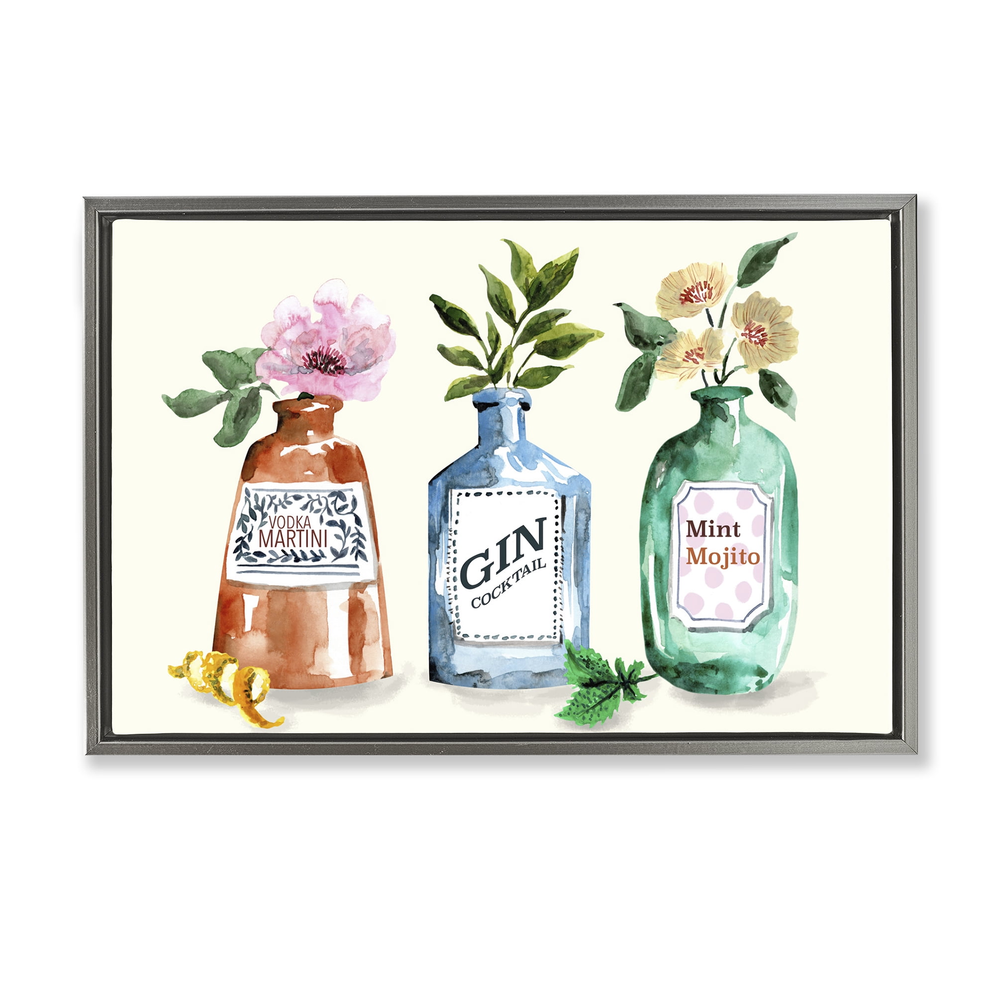 Stupell Industries Floral Alcohol Bottles Food & Beverage Painting Gray Floater Framed Canvas Art Print Wall Art, 25 x 17