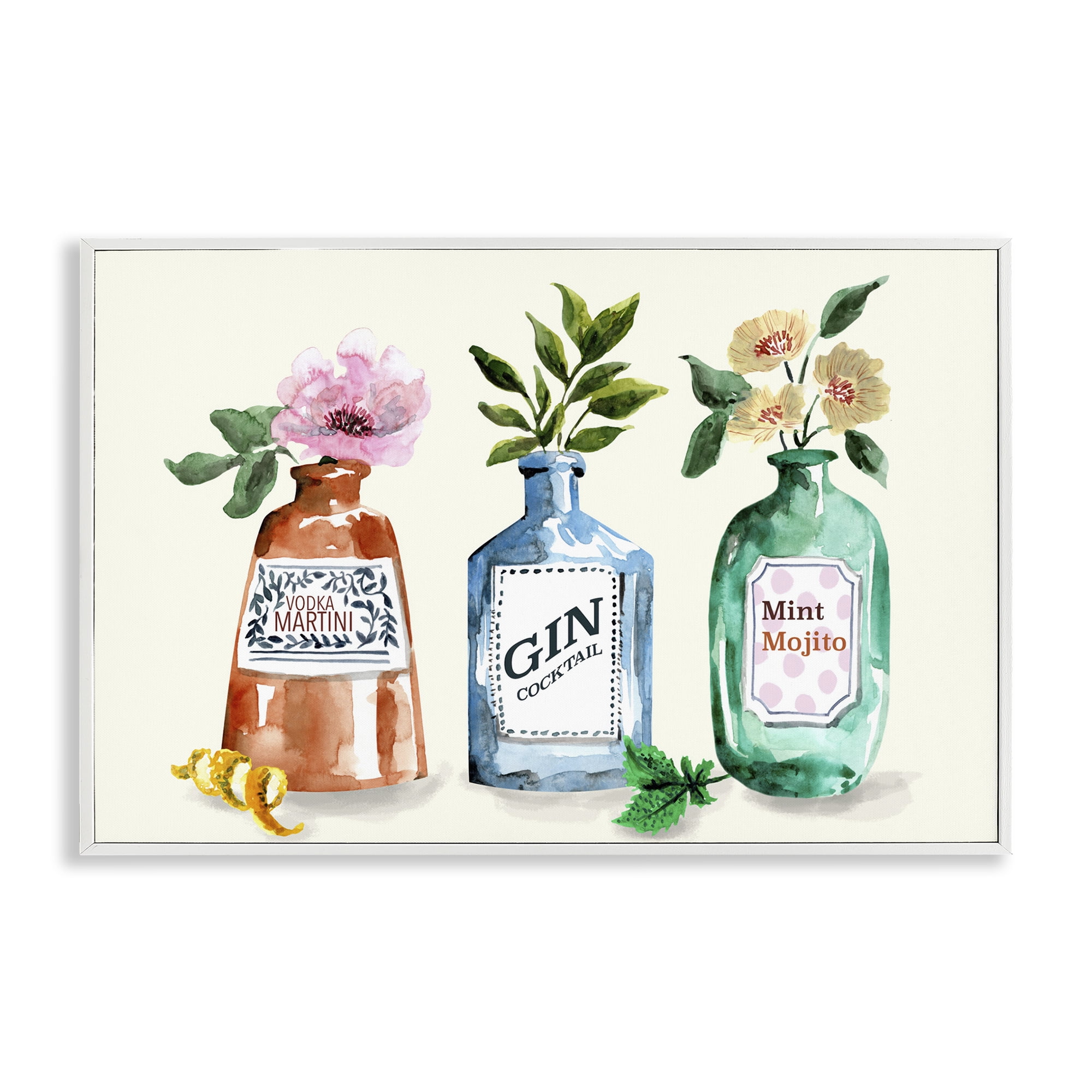Stupell Industries Floral Alcohol Bottles Food & Beverage Painting White Framed Art Print Wall Art, 18 x 12