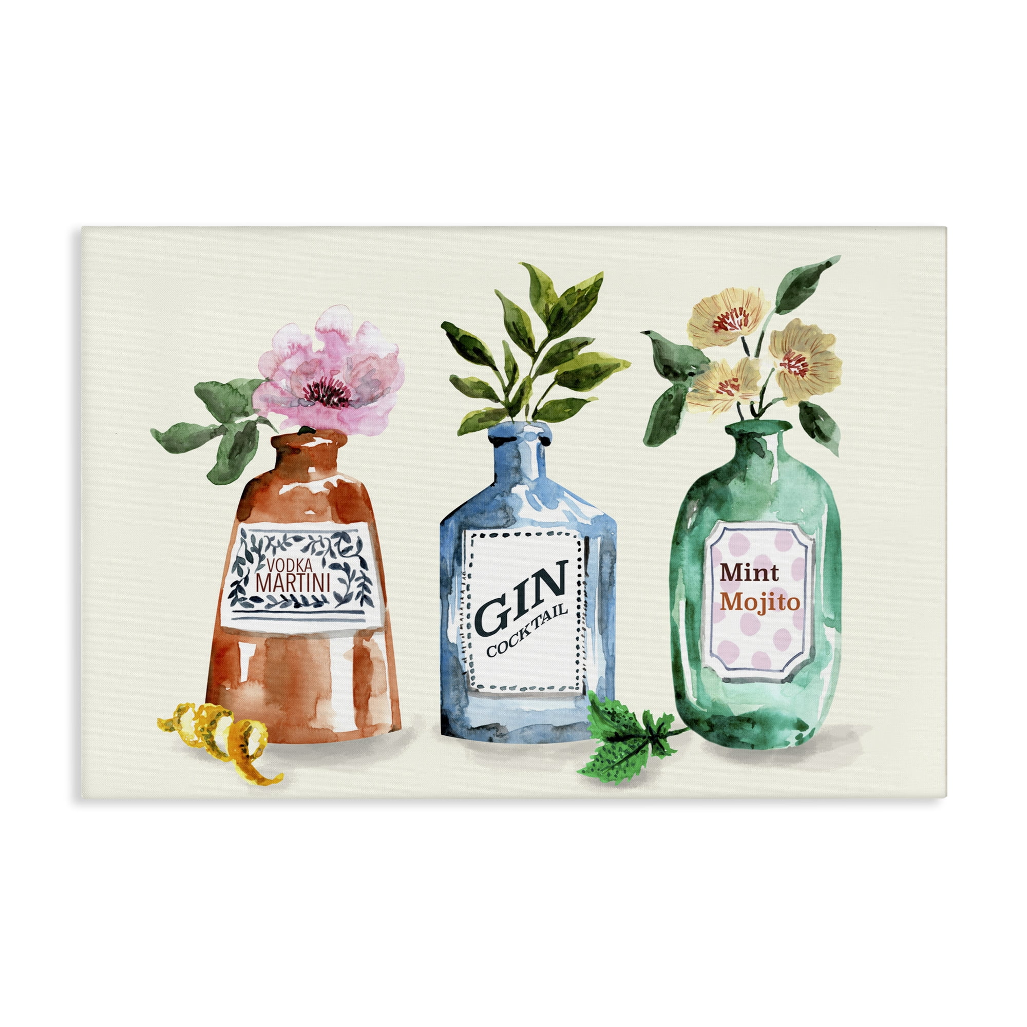 Stupell Industries Floral Alcohol Bottles Food & Beverage Painting Wrapped Canvas Art Print Wall Art, 24 x 16