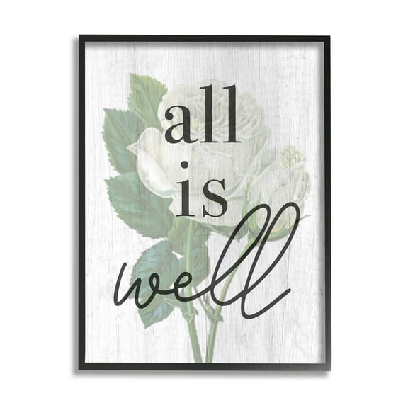 Stupell Industries Floral All is Well Phrase Inspirational Painting Black Framed Art Print Wall Art, 11 x 14