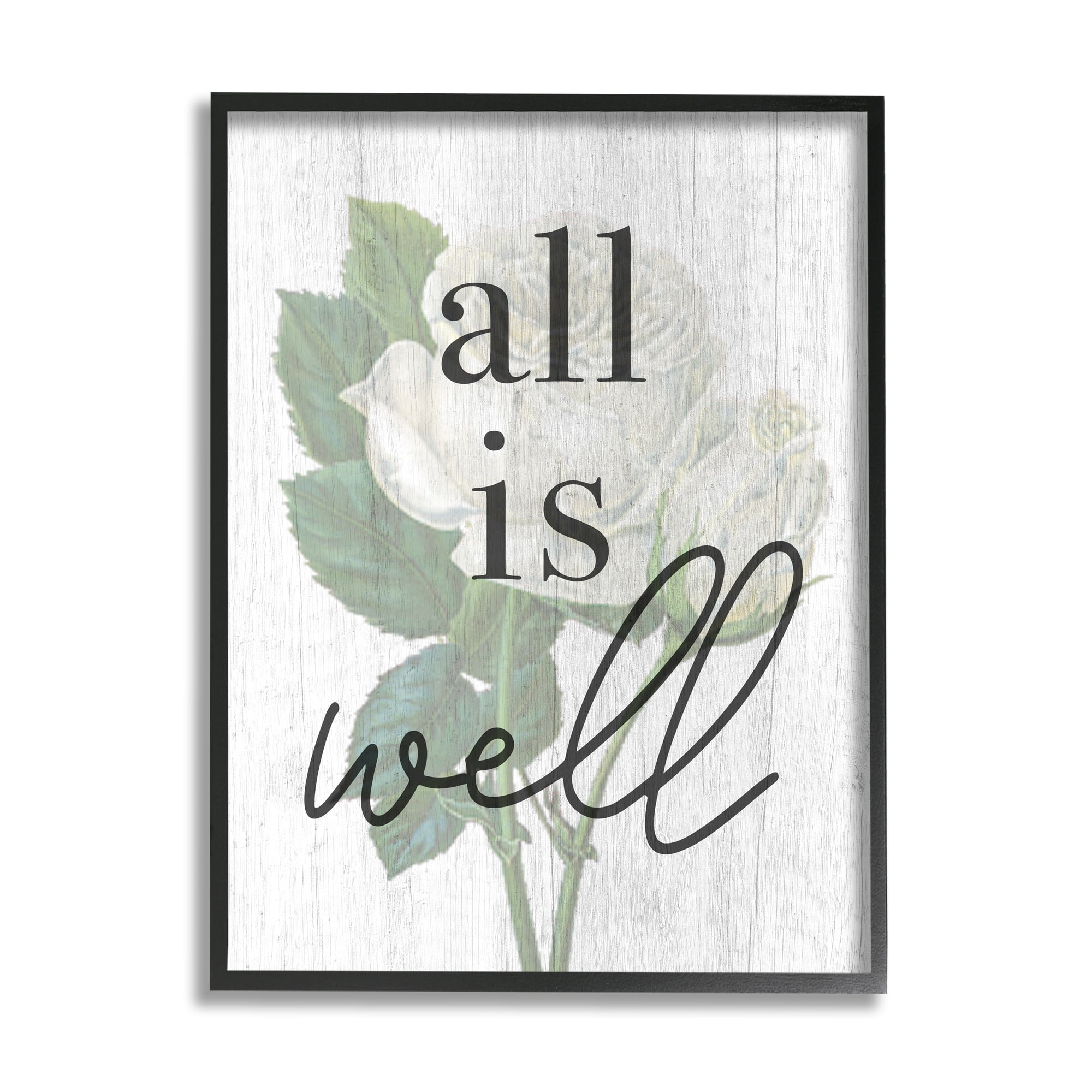 Stupell Industries Floral All is Well Phrase Inspirational Painting Black Framed Art Print Wall Art, 16 x 20