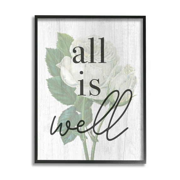 Stupell Industries Floral All is Well Phrase Inspirational Painting Black Framed Art Print Wall Art, 24 x 30
