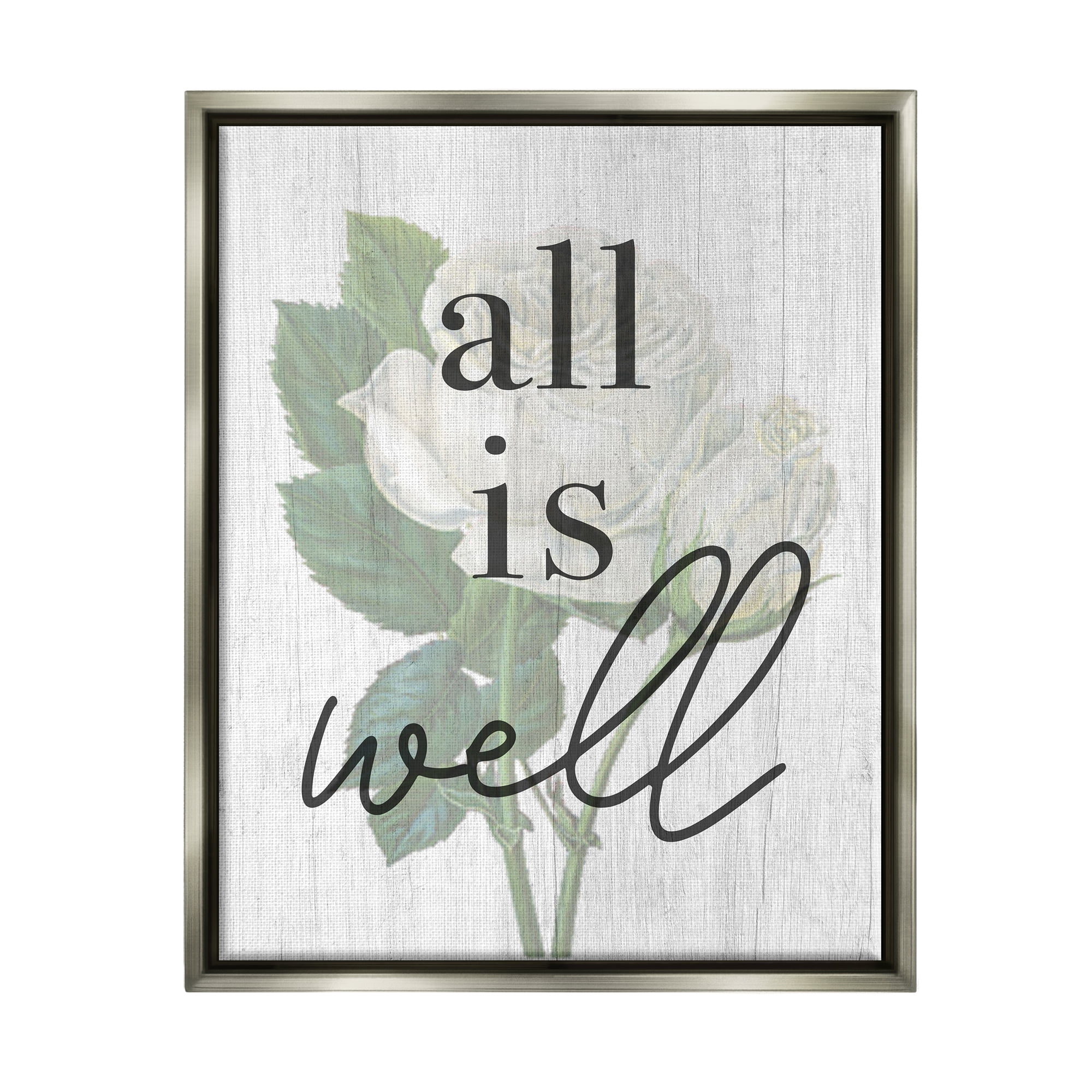 Stupell Industries Floral All is Well Phrase Inspirational Painting Gray Floater Framed Art Print Wall Art, 17 x 21