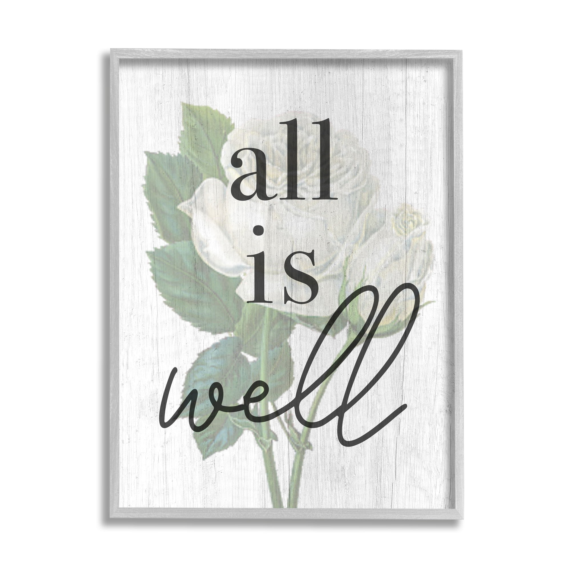 Stupell Industries Floral All is Well Phrase Inspirational Painting Gray Framed Art Print Wall Art, 11 x 14