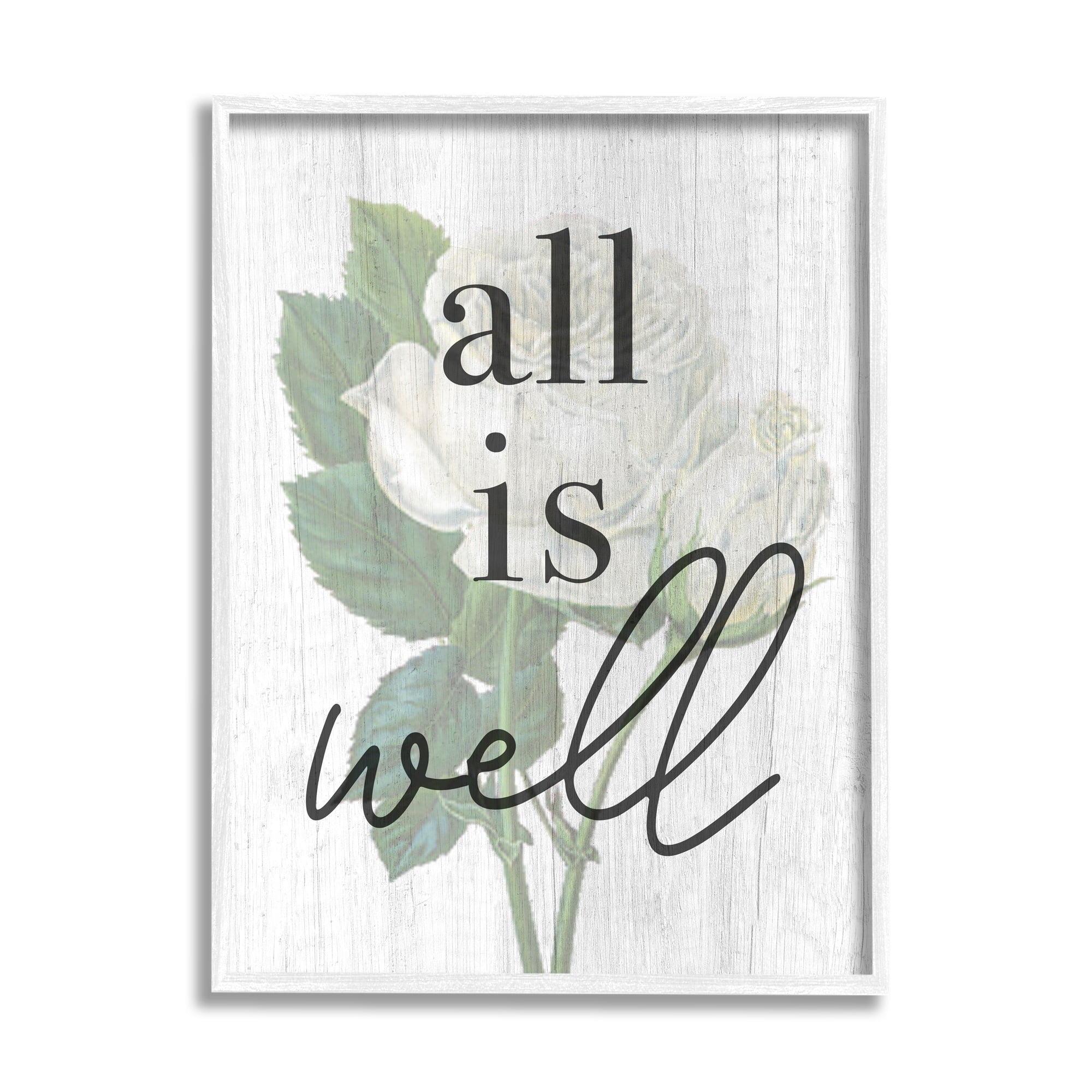 Stupell Industries Floral All is Well Phrase Inspirational Painting White Framed Art Print Wall Art, 11 x 14