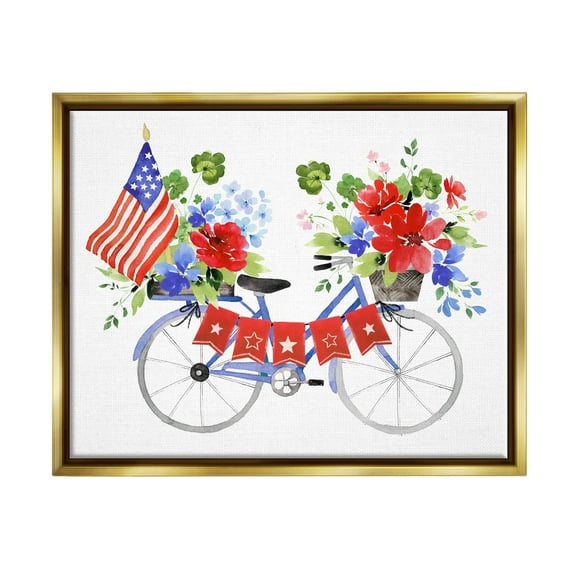 Stupell Industries Floral Americana Bicycle Transportation Painting Gold Floater Framed Art Print Wall Art, 21 x 17