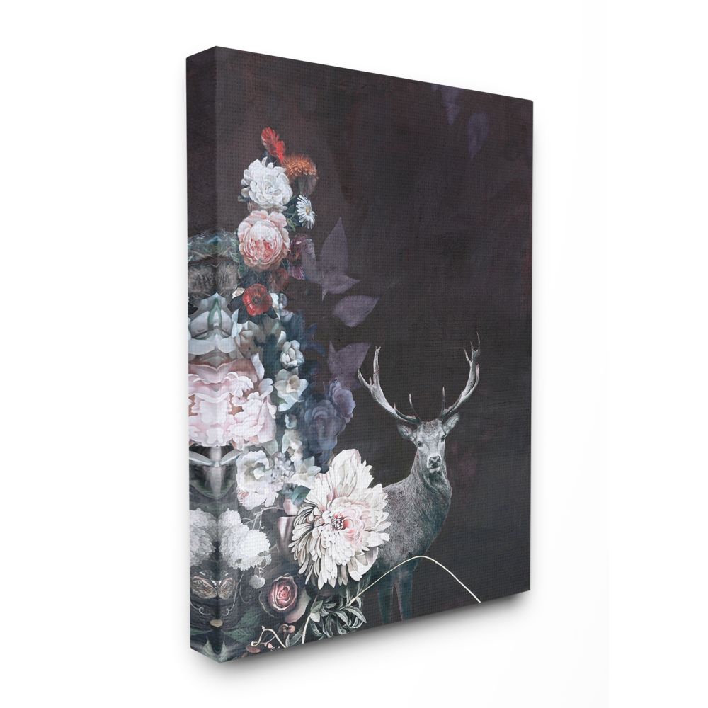 Stupell Industries Floral Arrangement and Buck Antlers Vintage Design Canvas Wall Art Design by Design Fabrikken, 24" x 30"