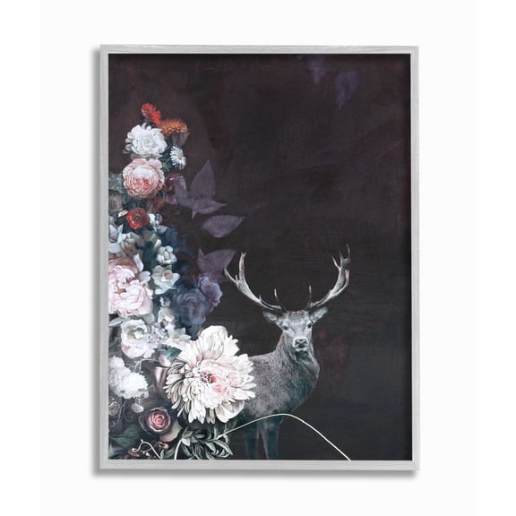 Stupell Industries Floral Arrangement and Buck Antlers Vintage Design Framed Wall Art Design by Design Fabrikken, 11" x 14", Gray Framed