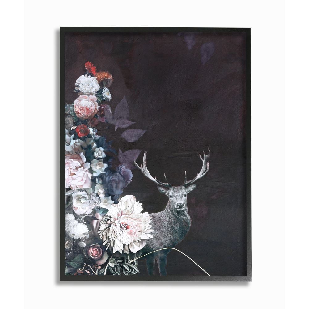 Stupell Industries Floral Arrangement and Buck Antlers Vintage Design Framed Wall Art Design by Design Fabrikken, 24" x 30", Black Framed