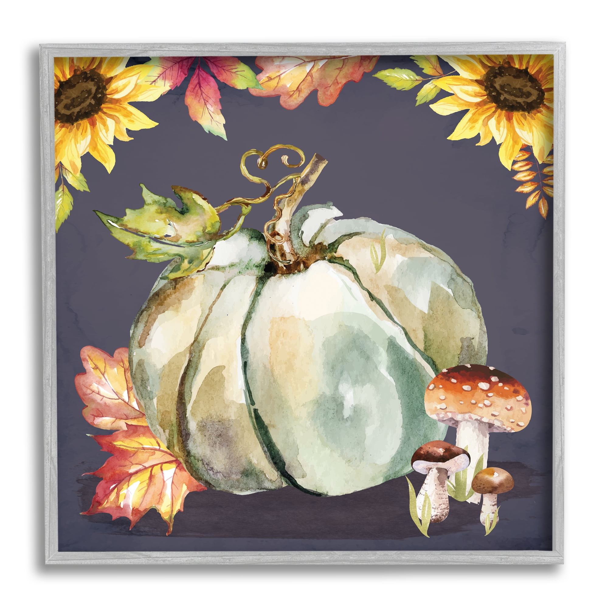 Stupell Industries Floral Autumn Pumpkin & Mushrooms Holiday Painting Gray Framed Art Print Wall Art