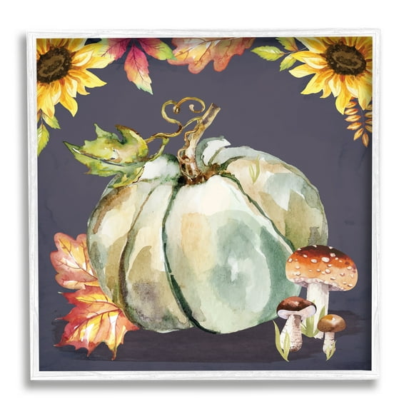 Stupell Industries Floral Autumn Pumpkin & Mushrooms Holiday Painting White Framed Art Print Wall Art