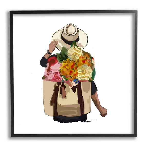 Stupell Industries Floral Backpack Mixed Blooms Summertime Sun Hat Graphic Art Black Framed Art Print Wall Art, Design by Amelia Noyes