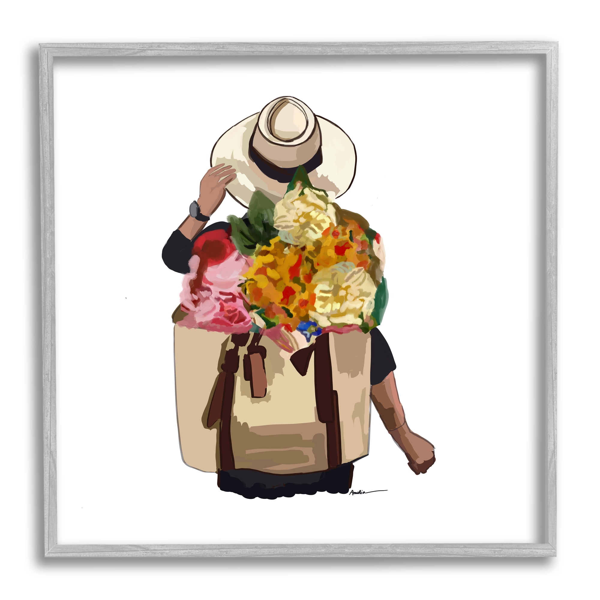 Stupell Industries Floral Backpack Mixed Blooms Summertime Sun Hat Graphic Art Gray Framed Art Print Wall Art, Design by Amelia Noyes