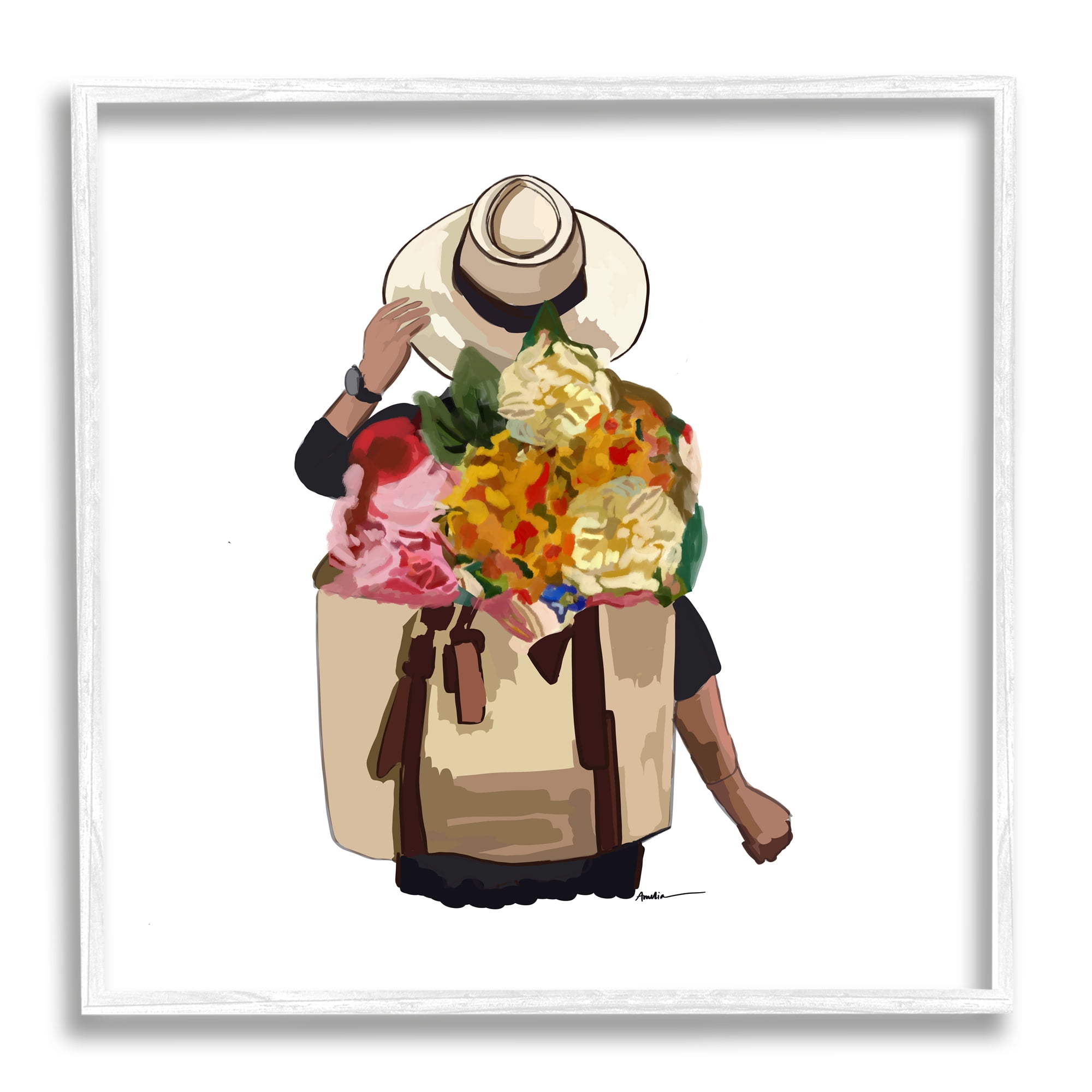 Stupell Industries Floral Backpack Mixed Blooms Summertime Sun Hat Graphic Art White Framed Art Print Wall Art, Design by Amelia Noyes