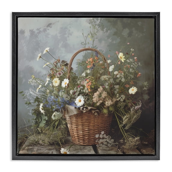 Stupell Industries Traditional Floral Basket Still Life Black Floating Frame Canvas Art, 18 x 18, by Lazar Studio