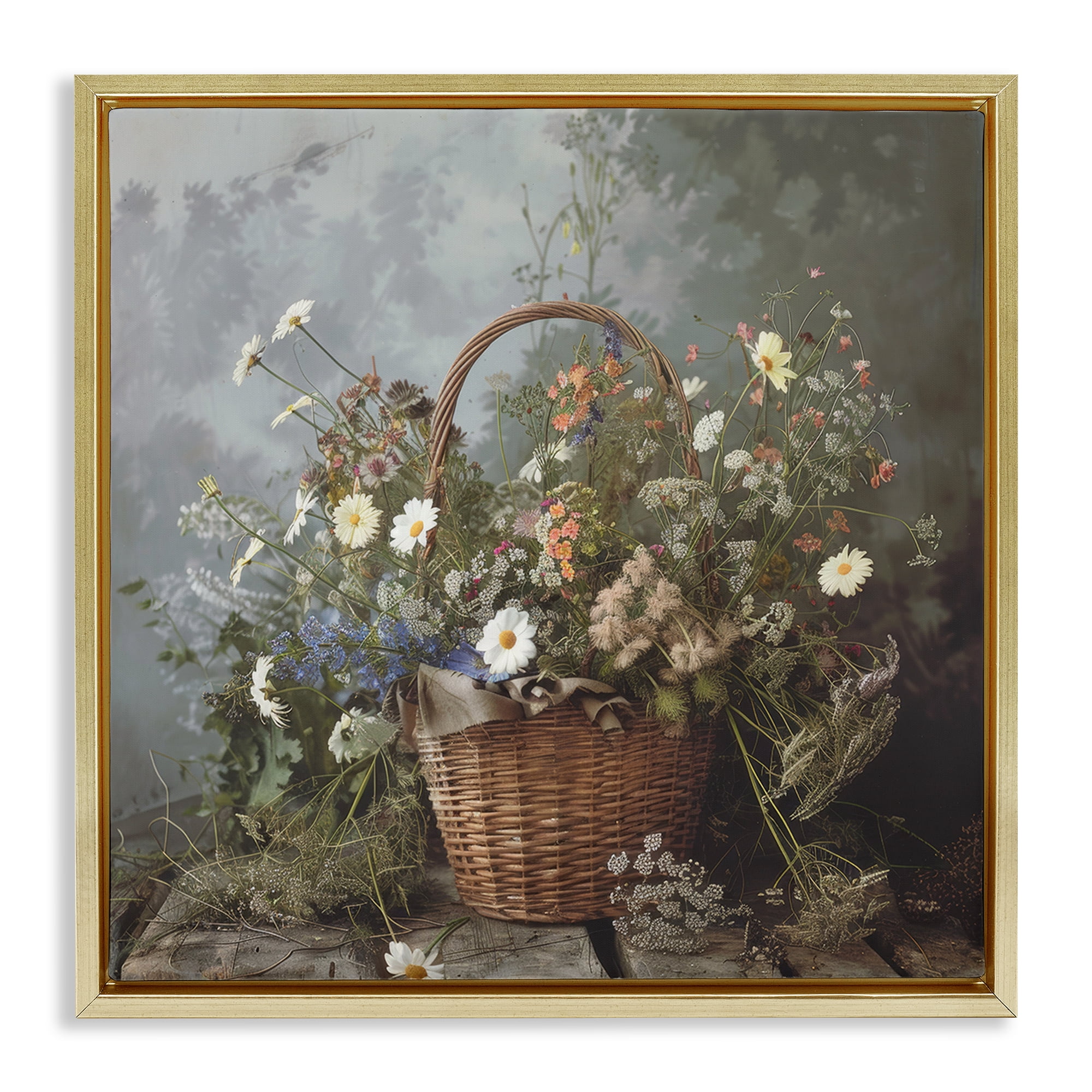 Stupell Industries Floral Basket Still Life Gold Framed Floater Canvas Wall Art, design by Lazar Studio