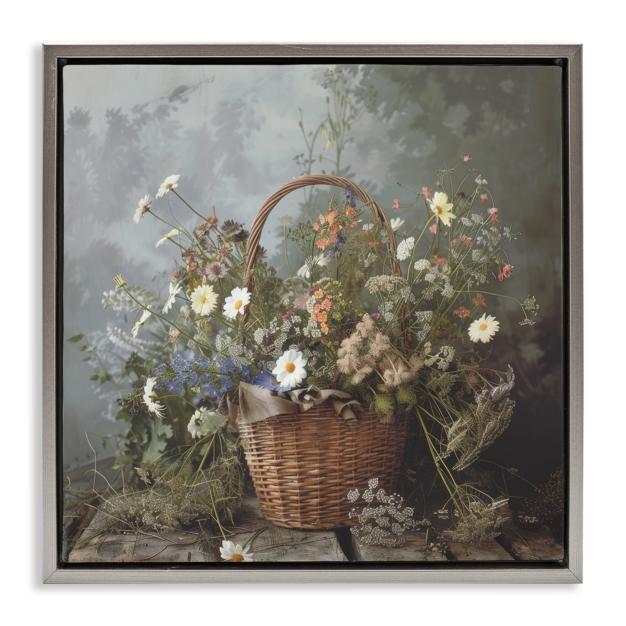 Stupell Industries Floral Basket Still Life Gray Framed Floater Canvas Wall Art, design by Lazar Studio