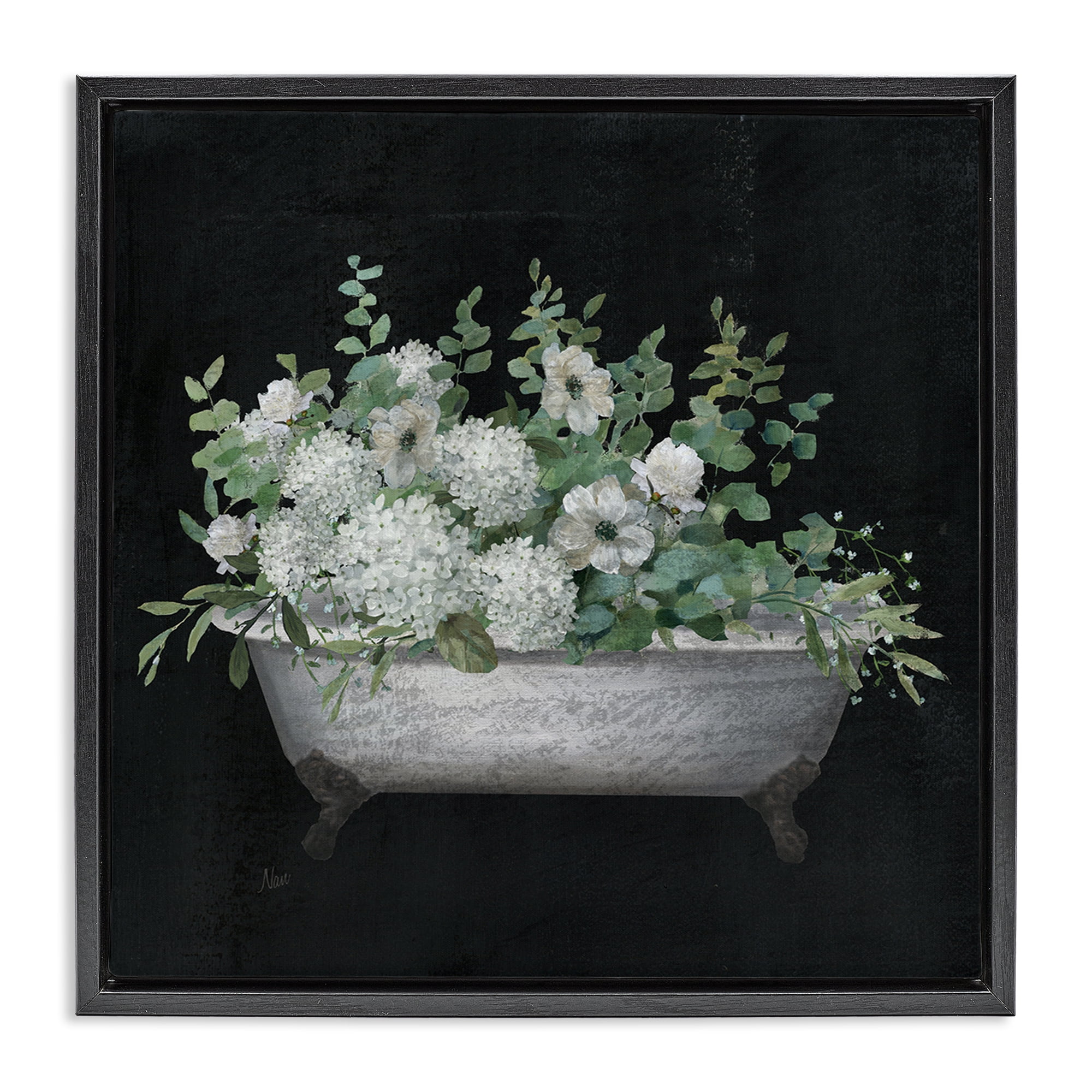 Stupell Industries Floral Bath on Black Typography Painting Black Floater Framed Canvas Art Print Wall Art, 18 x 18