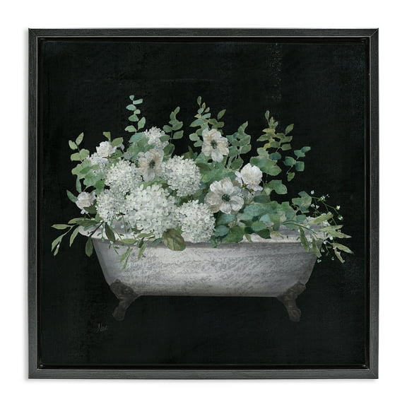 Stupell Industries Floral Bath on Black Typography Painting Black Floater Framed Canvas Art Print Wall Art, 18 x 18