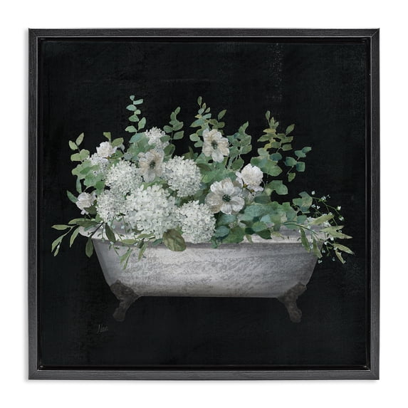 Stupell Industries French Country Floral Bath on Black Black Floating Frame Canvas Art, 18 x 18, by Nan