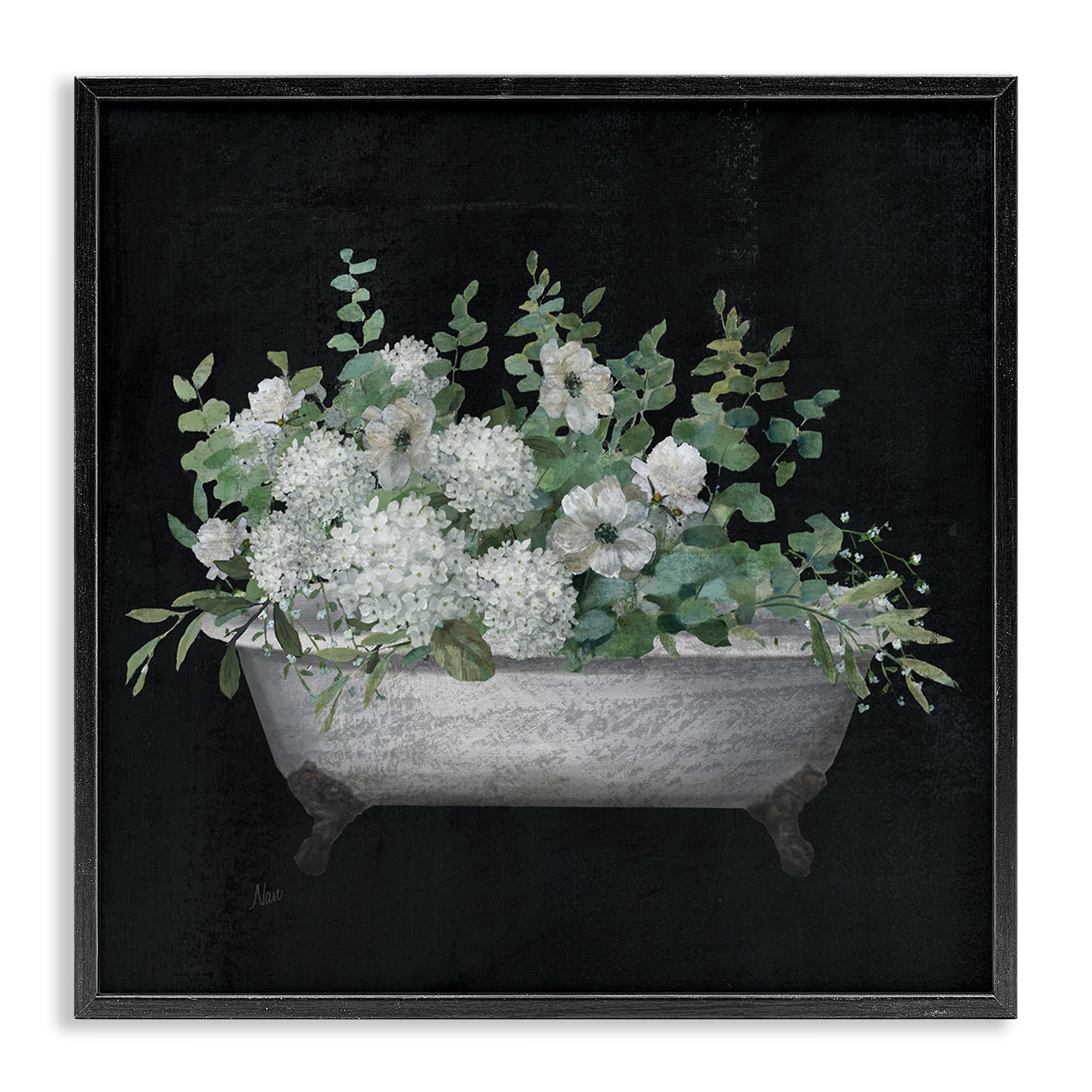 Stupell Industries Floral Bath on Black Typography Painting Black Framed Art Print Wall Art, 24 x 24