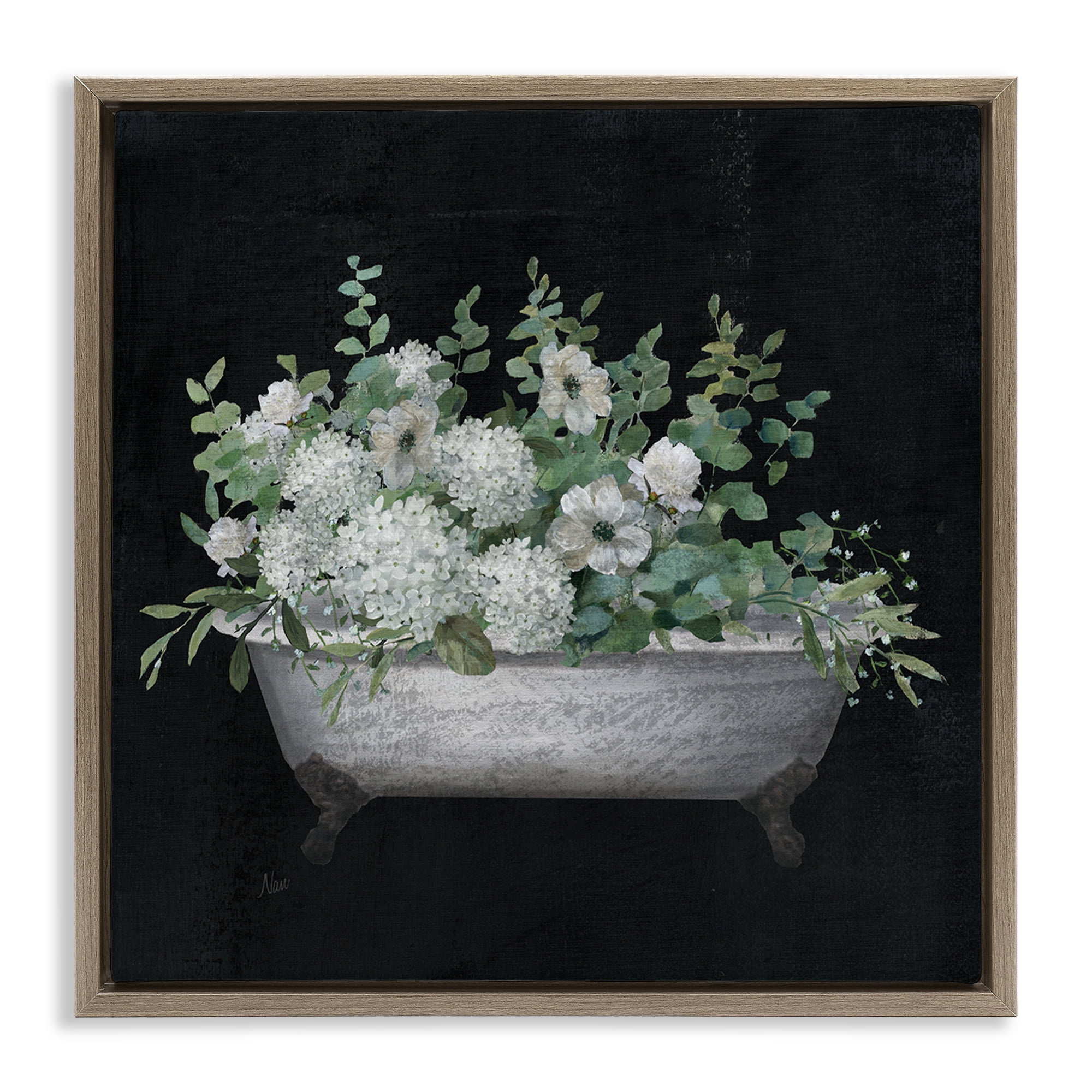 Stupell Industries Floral Bath on Black Typography Painting Brown Floater Framed Canvas Art Print Wall Art, 25 x 25