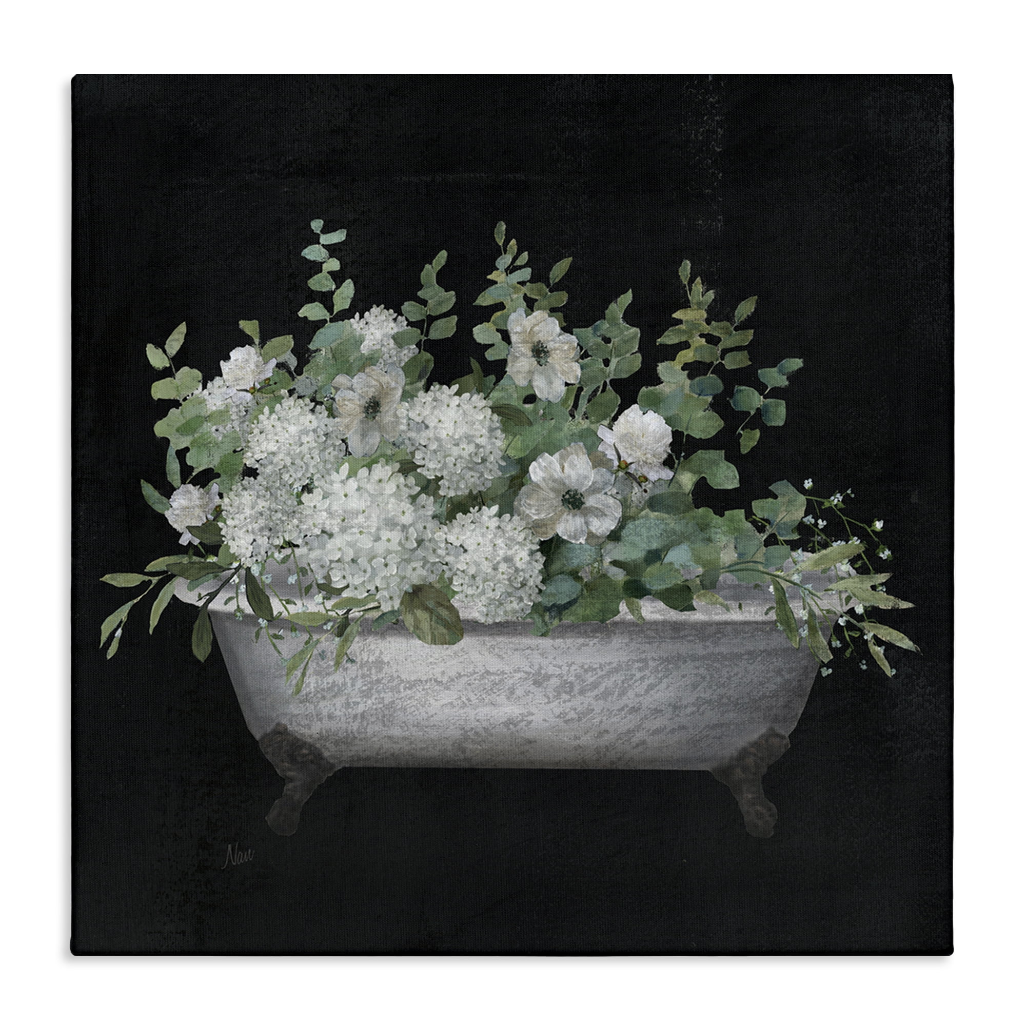 Stupell Industries Floral Bath on Black Typography Painting Gallery Wrapped Canvas Art Print Wall Art, 24 x 24