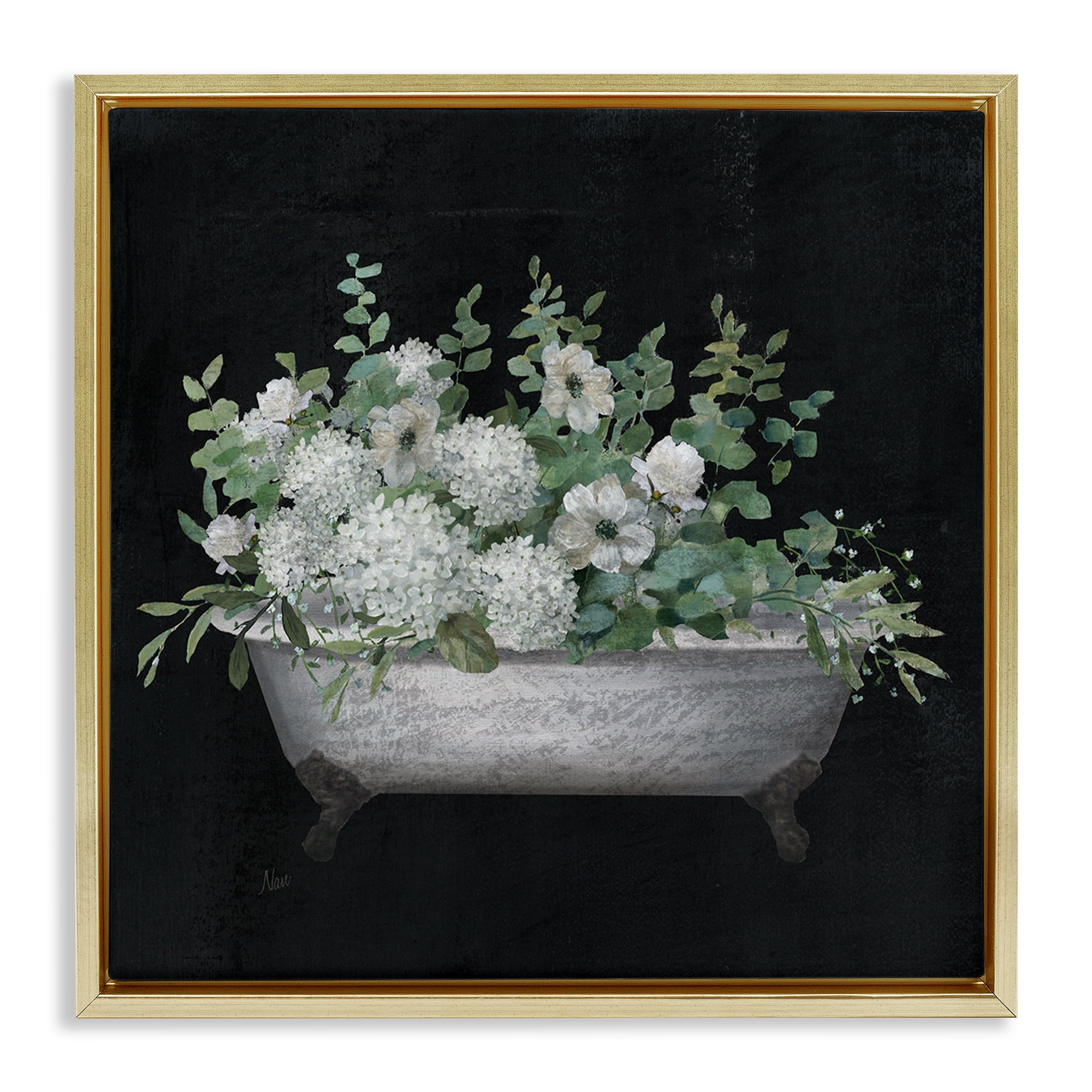Stupell Industries Floral Bath on Black Typography Painting Gold Floater Framed Canvas Art Print Wall Art, 18 x 18