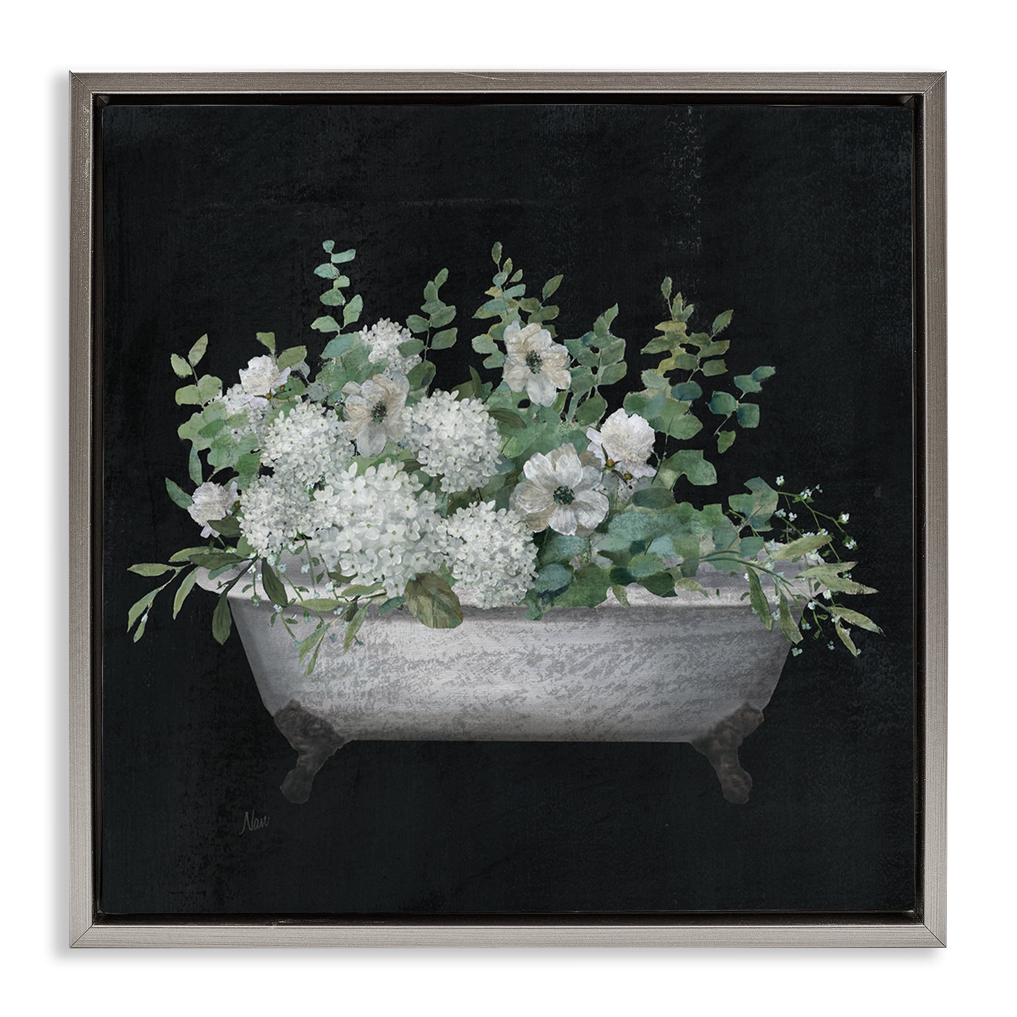 Stupell Industries Floral Bath on Black Typography Painting Gray Floater Framed Canvas Art Print Wall Art, 18 x 18