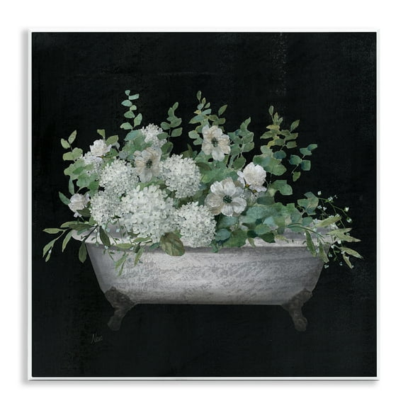 Stupell Industries Floral Bath on Black Typography Painting Unframed Art Print Wall Art, 12 x 12