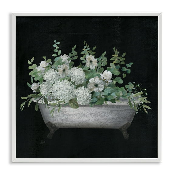 Stupell Industries Floral Bath on Black Typography Painting White Framed Art Print Wall Art, 12 x 12