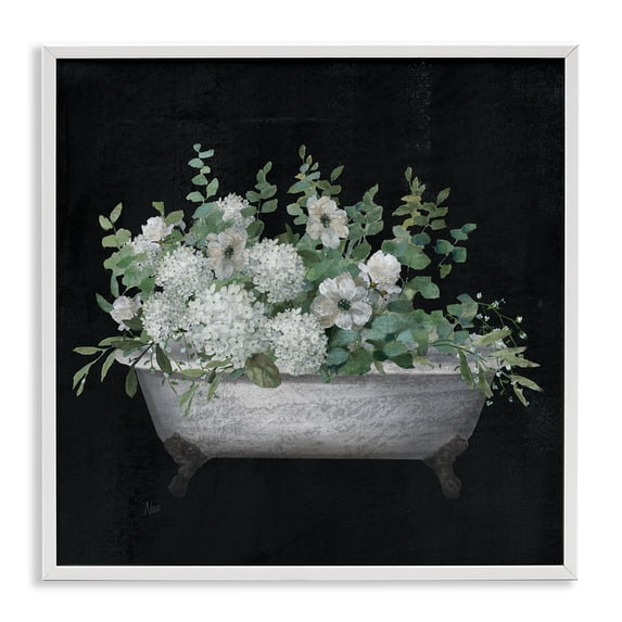 Stupell Industries Floral Bath on Black Typography Painting White Framed Art Print Wall Art, 24 x 24