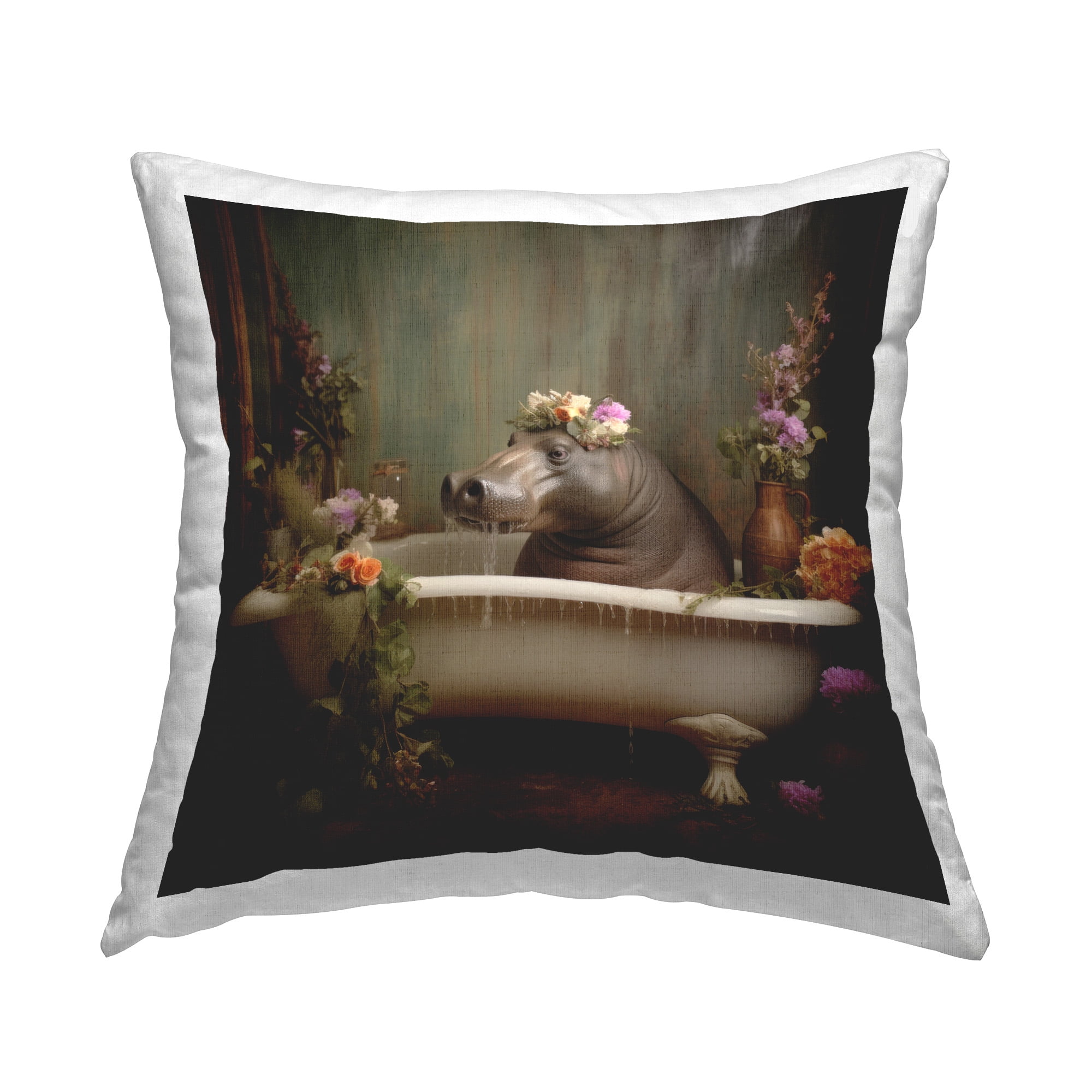 Stupell Industries Floral Bathing Hippo Decorative Printed Throw Pillow Design by Lazar Studio