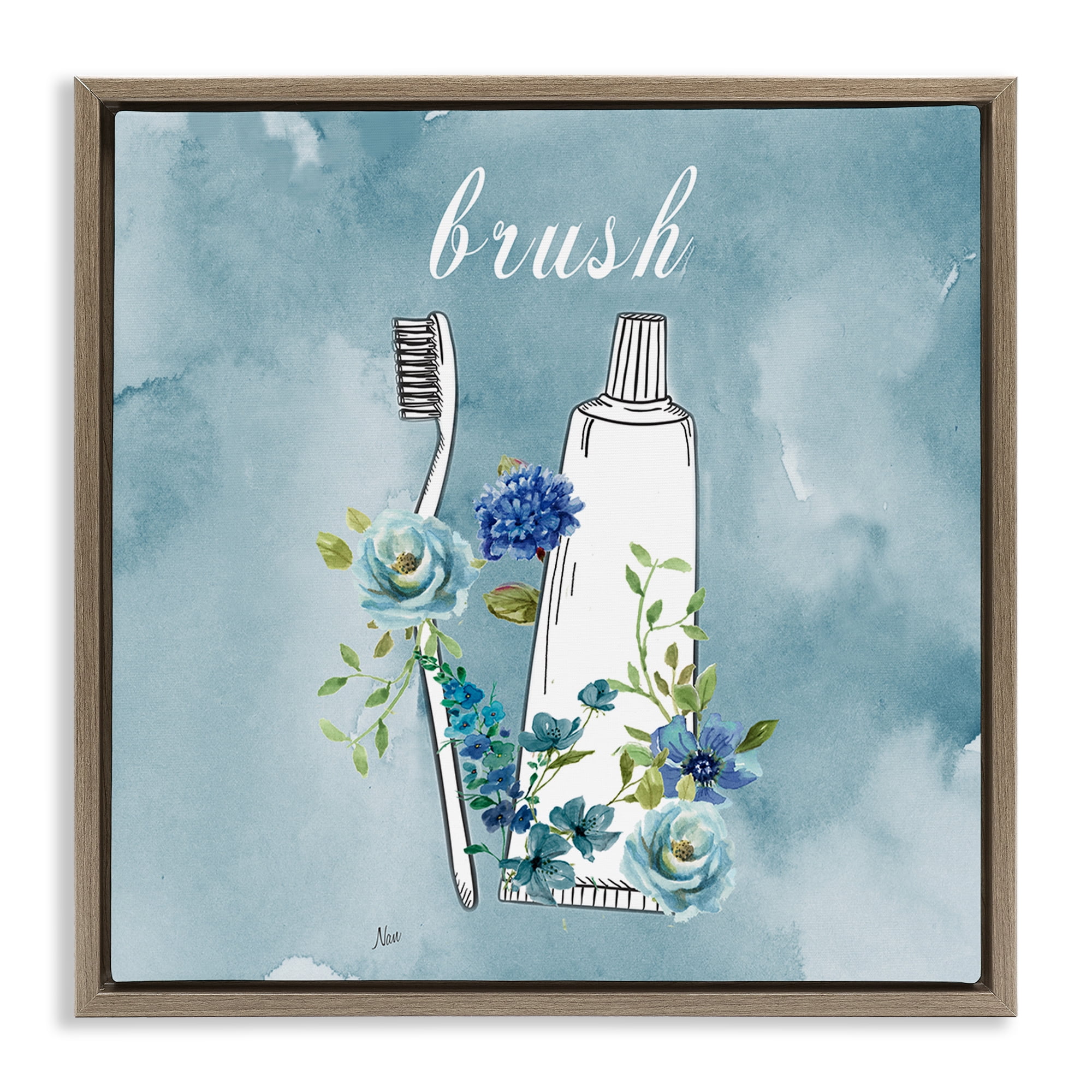 Stupell Industries Floral Bathroom Rules Brush Brown Framed Floater Canvas Wall Art, design by Nan
