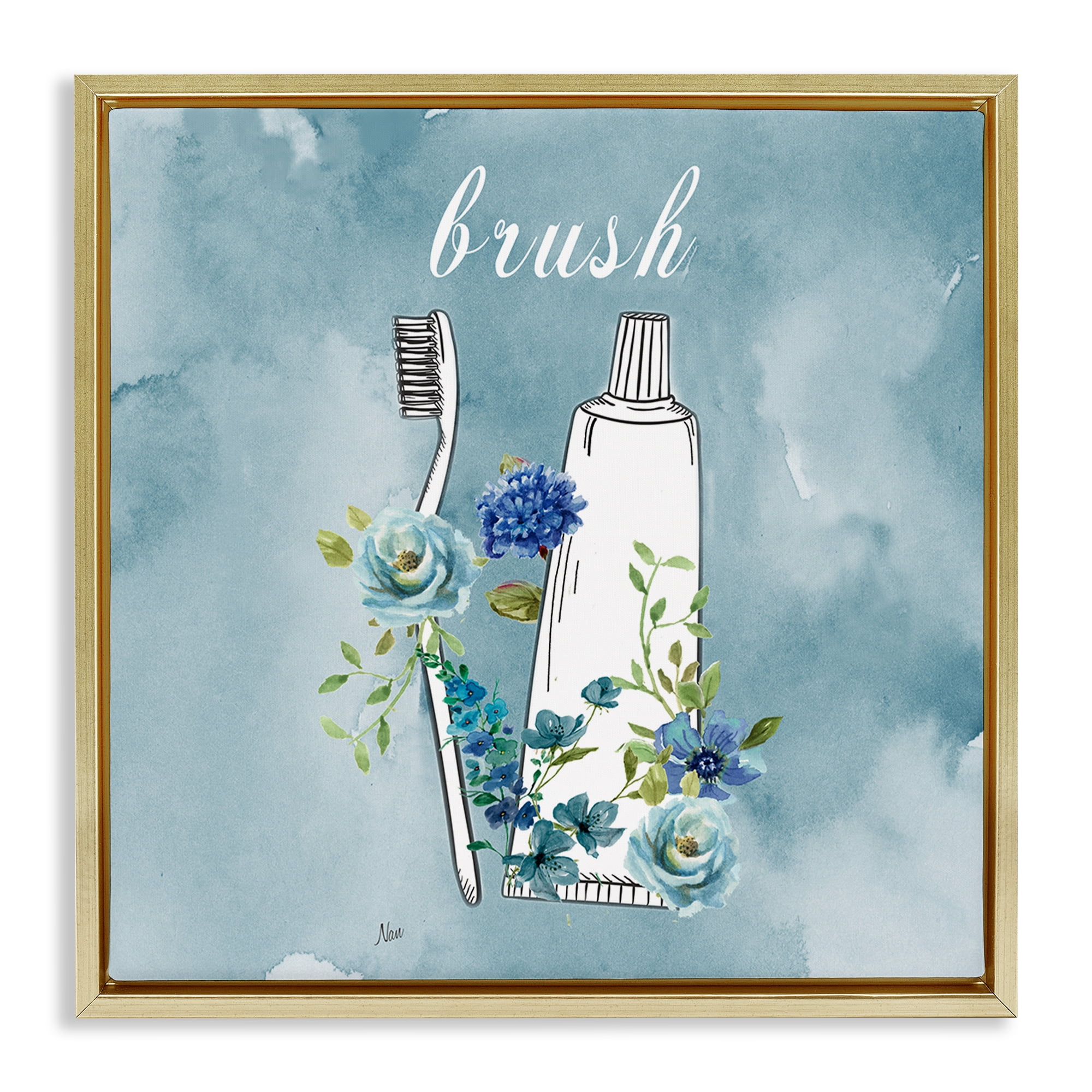 Stupell Industries Floral Bathroom Rules Brush Gold Framed Floater Canvas Wall Art, design by Nan