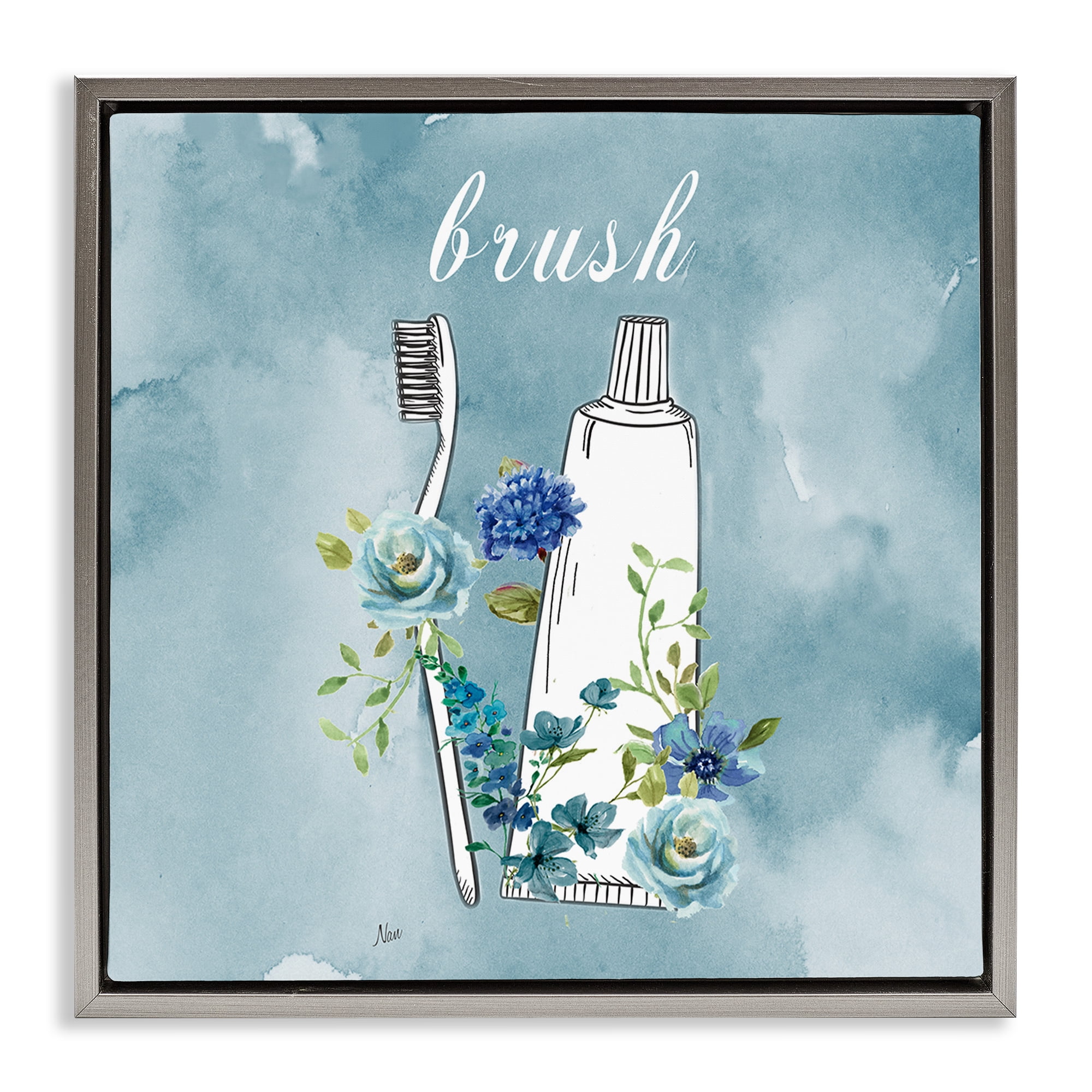 Stupell Industries Floral Bathroom Rules Brush Gray Framed Floater Canvas Wall Art, design by Nan