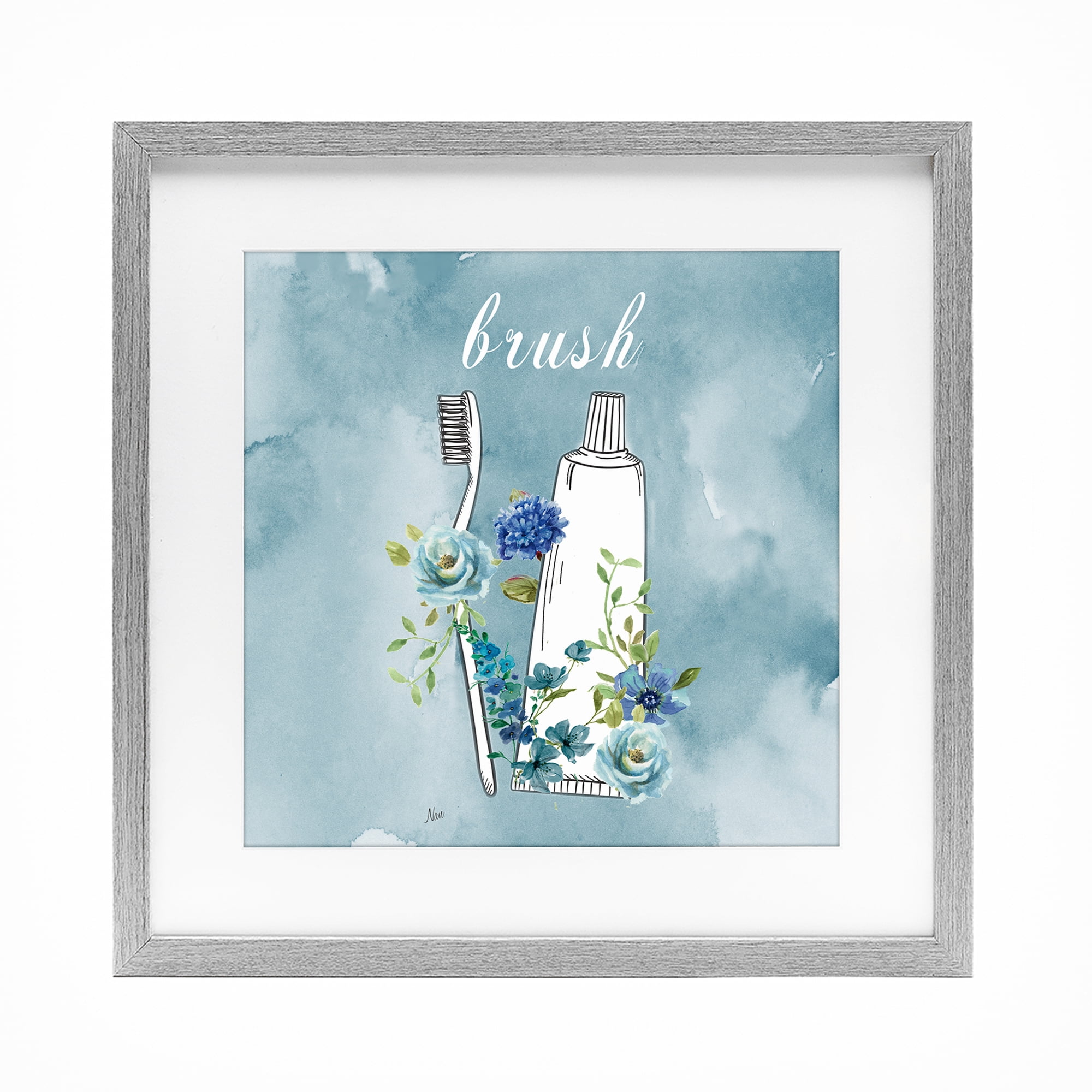 Stupell Industries Floral Bathroom Rules Brush Gray Framed Print Under Glass, design by Nan